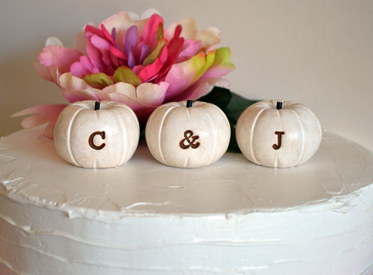 Custom personalized initials wedding cake topper white pumpkins / FREE SHIPPING