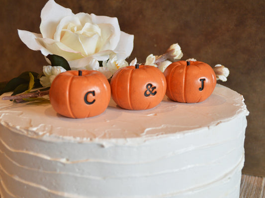 Custom personalized initials wedding cake topper orange pumpkins / FREE SHIPPING