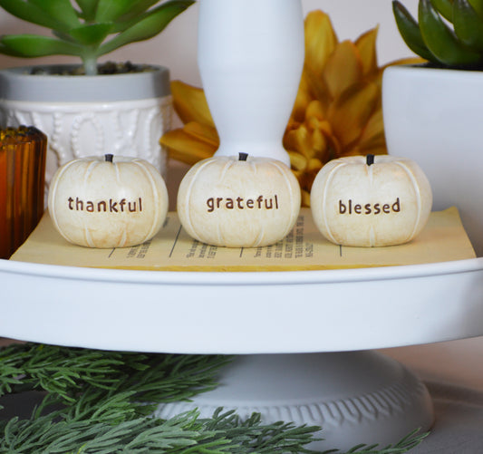 Vintage white thankful grateful blessed pumpkins / tabletop fall gift / FREE SHIPPING