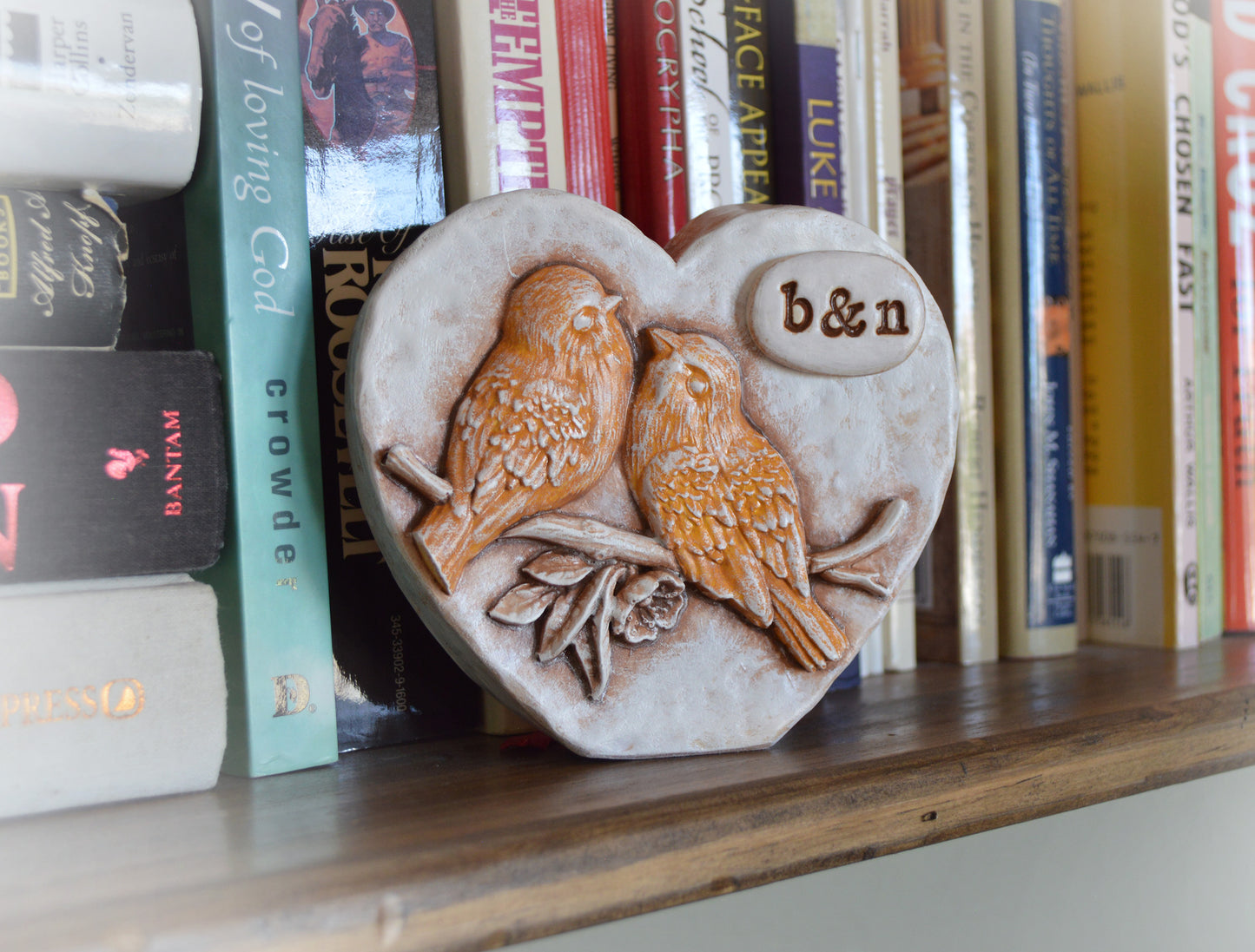 Lovebirds snuggling in a heart wedding cake topper / personalized with your initials and colors / great custom bespoke anniversary gift