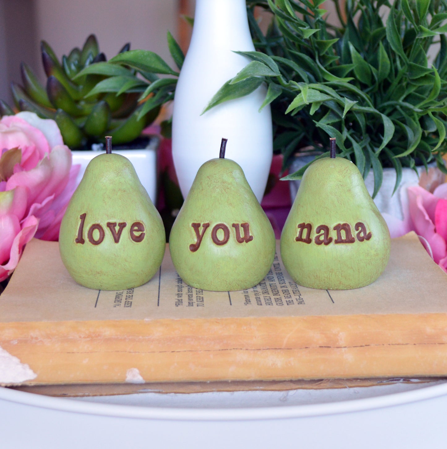 3 rustic green love you nana pears / FREE SHIPPING