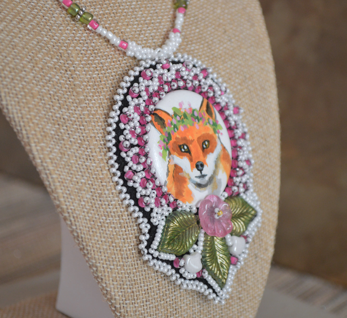 Fox Pendant / woodland vibes jewelry / Hand painted art piece animal painting bead embroidery