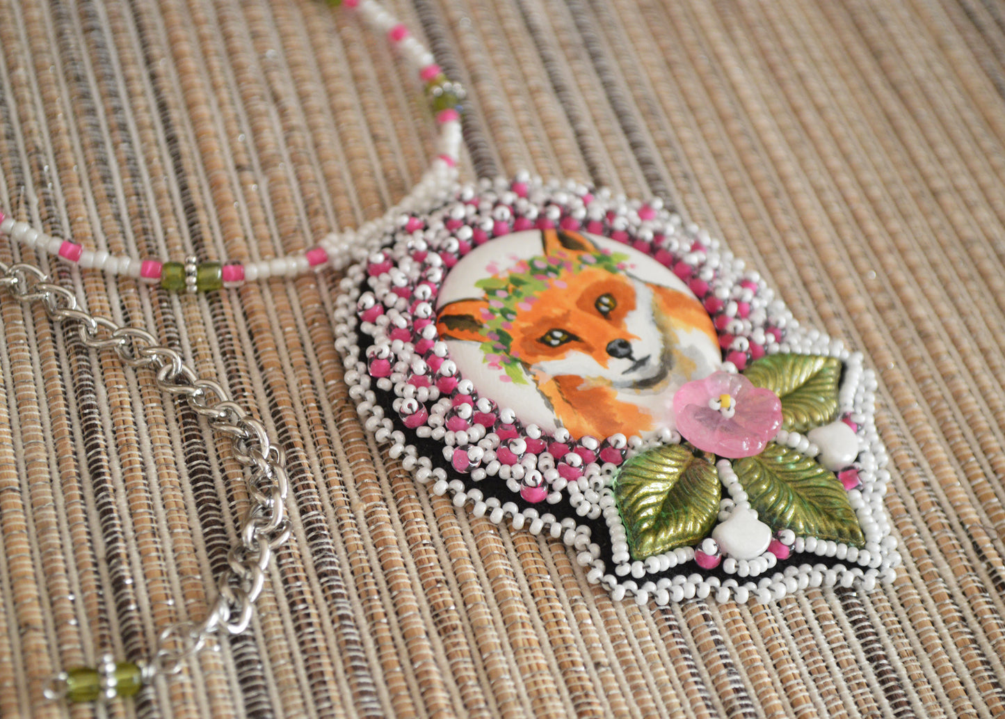 Fox Pendant / woodland vibes jewelry / Hand painted art piece animal painting bead embroidery