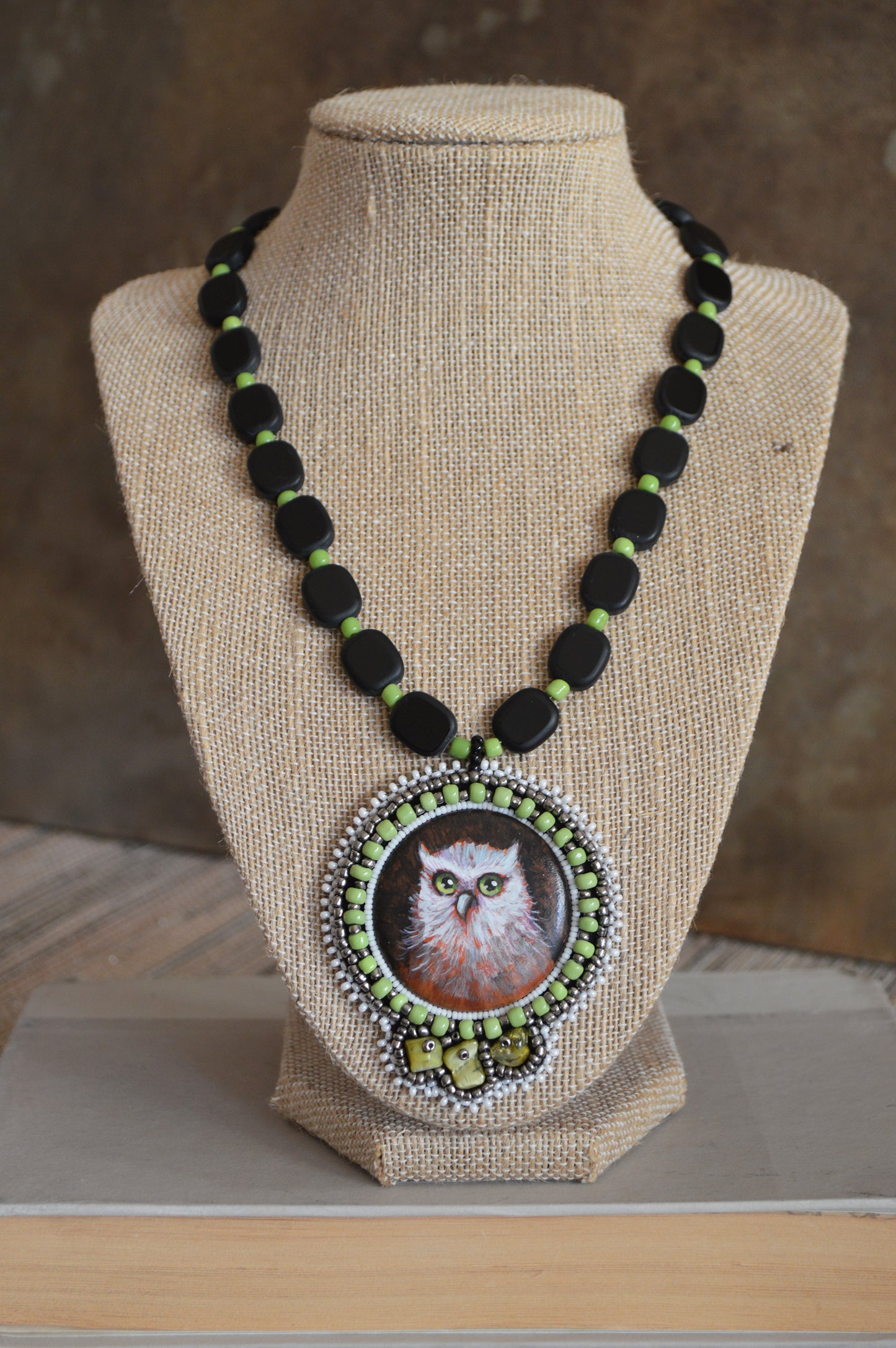 Owl necklace / One of a kind huge bead embroidery statement jewelry