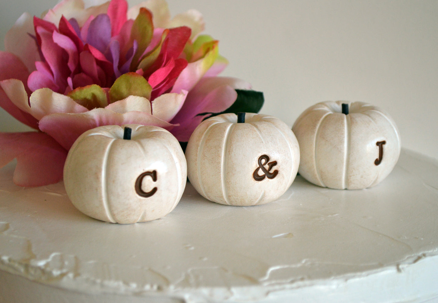 Custom personalized initials wedding cake topper white pumpkins