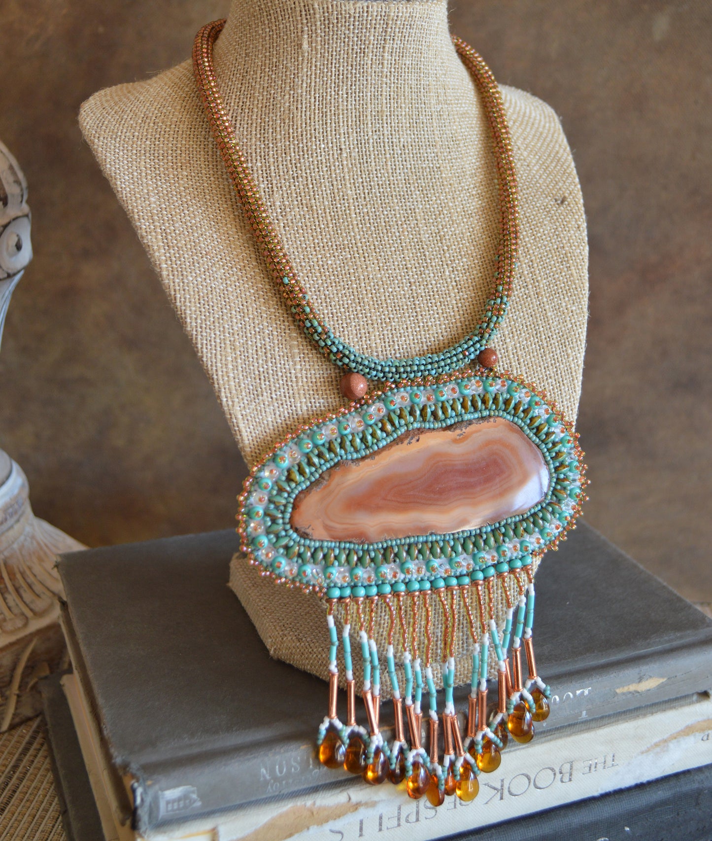 One of a kind huge bead embroidery statement necklace / earthy Western feel / Artisan handmade dyed agate / beaded rope, beaded toggle