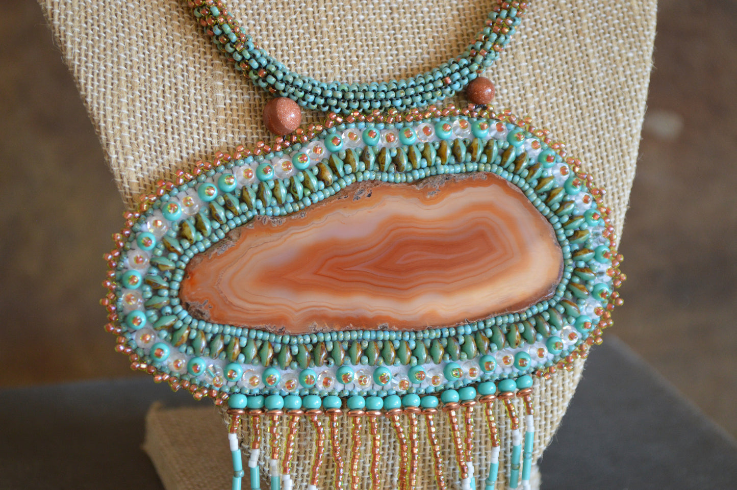 One of a kind huge bead embroidery statement necklace / earthy Western feel / Artisan handmade dyed agate / beaded rope, beaded toggle