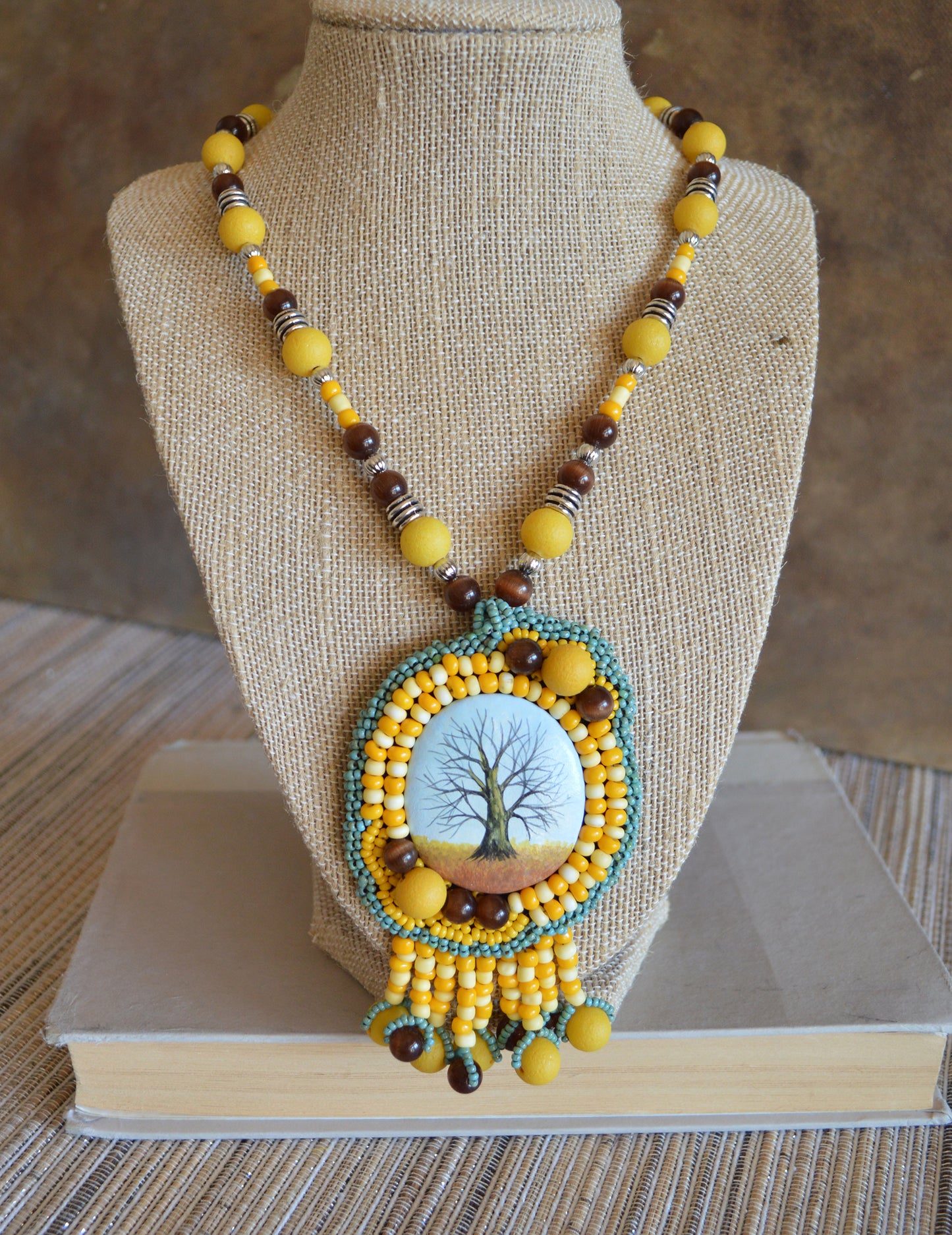 One of a kind huge bead embroidery statement necklace / yellow brown turquoise /Hand painted polymer clay focal piece/ Fun summer necklace