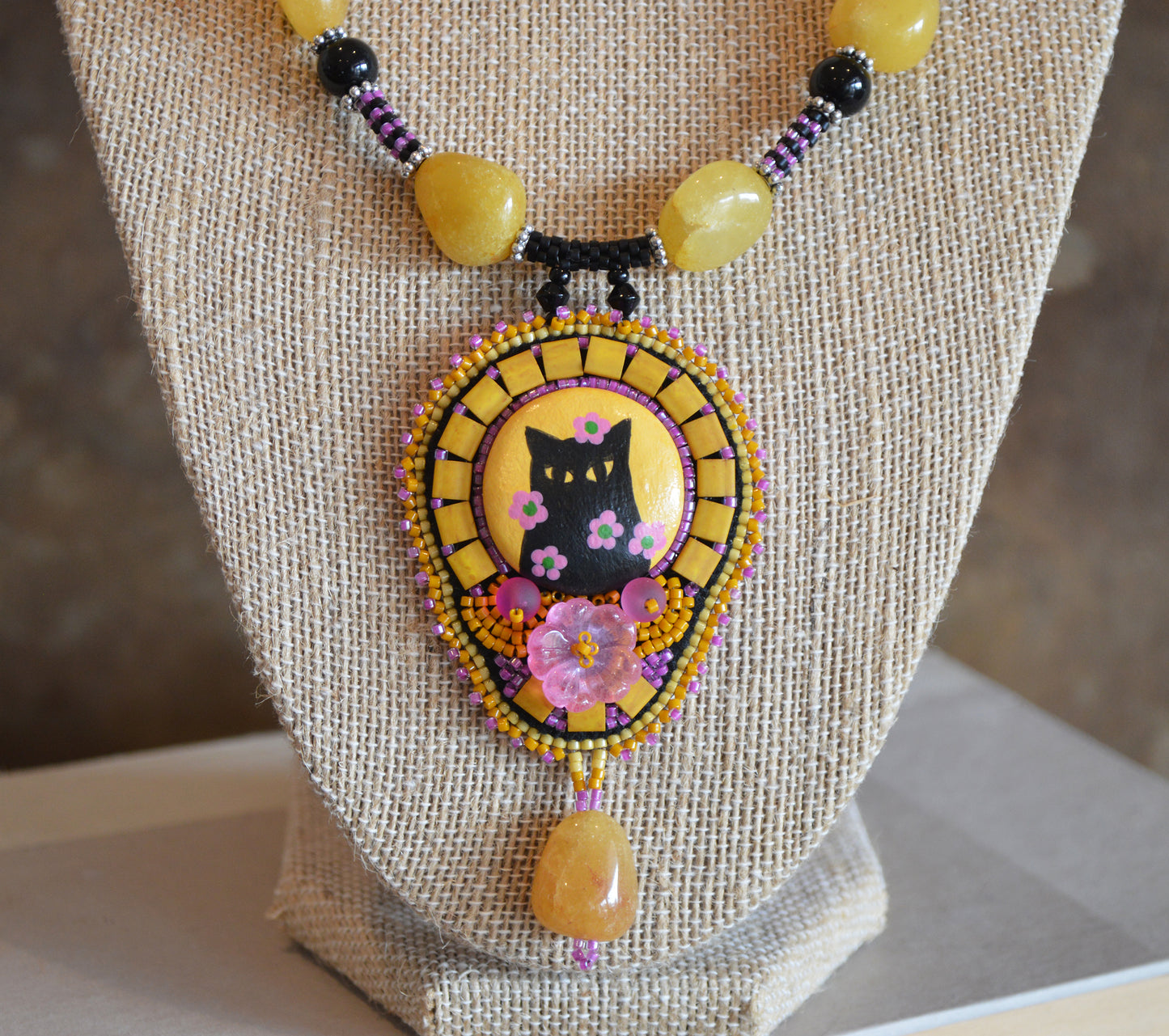 One of a kind huge bead embroidery black cat statement necklace / yellow black pink /Hand painted polymer clay focal piece