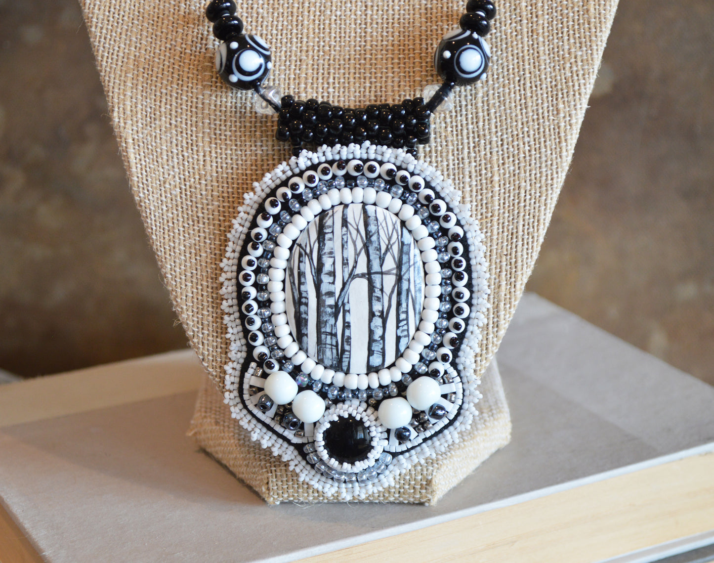 One of a kind huge bead embroidery aspen black white trees statement necklace / black white necklace / Hand painted polymer clay focal piece