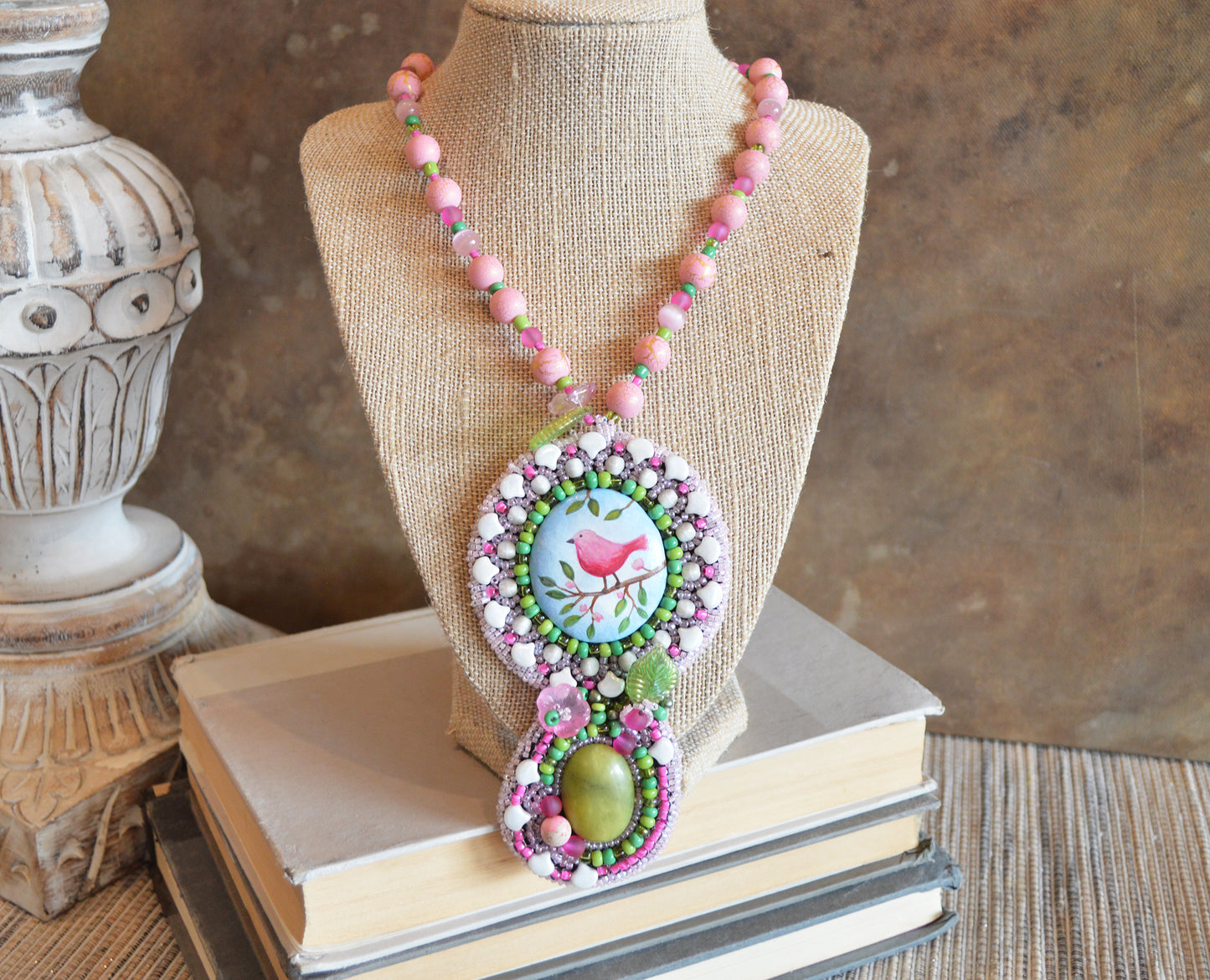One of a kind huge bead embroidery pink bird on branch statement necklace / pink green necklace / Hand painted polymer clay focal piece