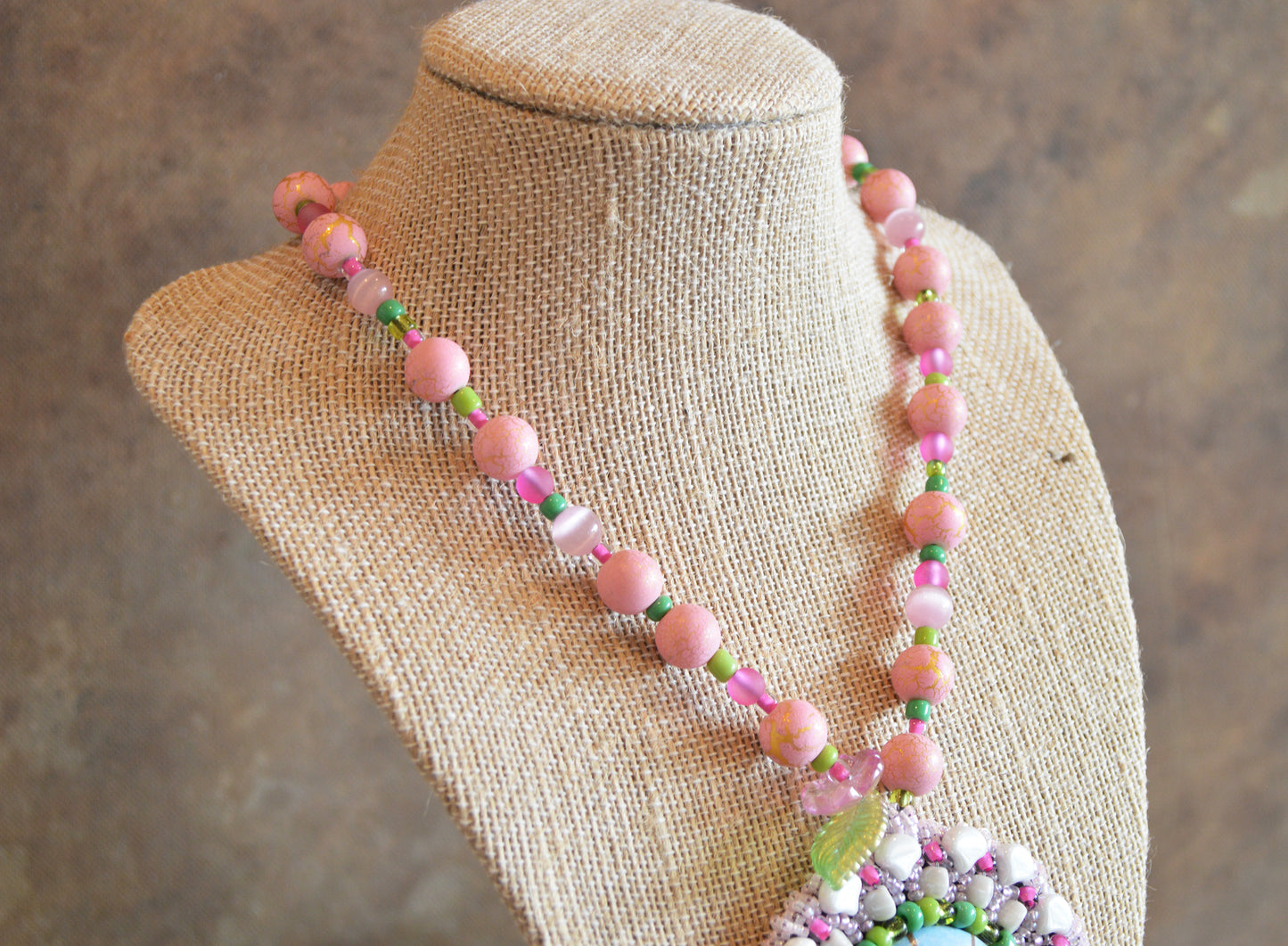 One of a kind huge bead embroidery pink bird on branch statement necklace / pink green necklace / Hand painted polymer clay focal piece