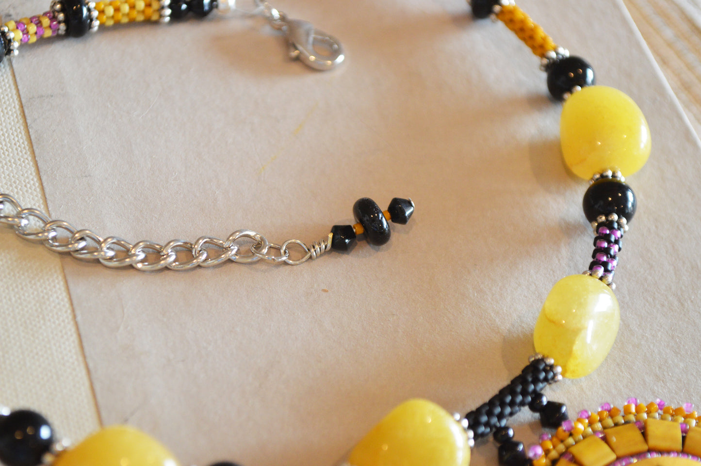One of a kind huge bead embroidery black cat statement necklace / yellow black pink /Hand painted polymer clay focal piece