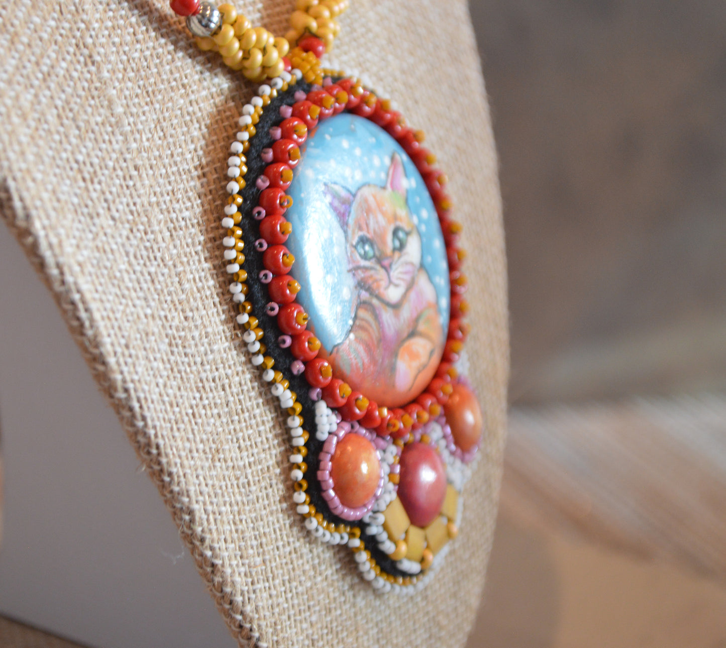 Ginger Tabby Cat Pendant / Orange cat necklace jewelry / Hand painted art piece animal painting bead embroidery