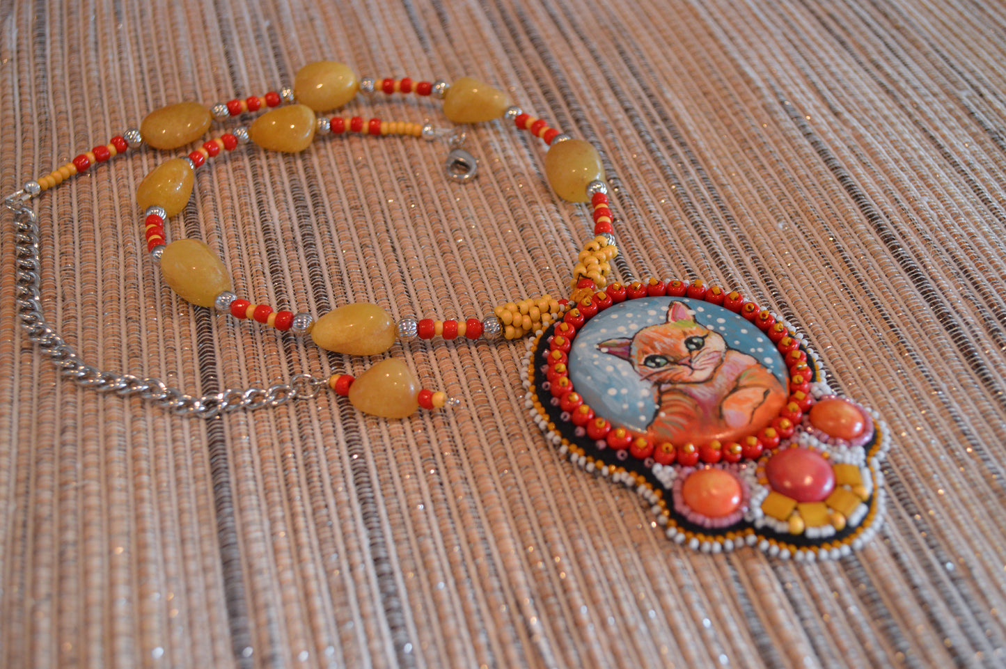 Ginger Tabby Cat Pendant / Orange cat necklace jewelry / Hand painted art piece animal painting bead embroidery