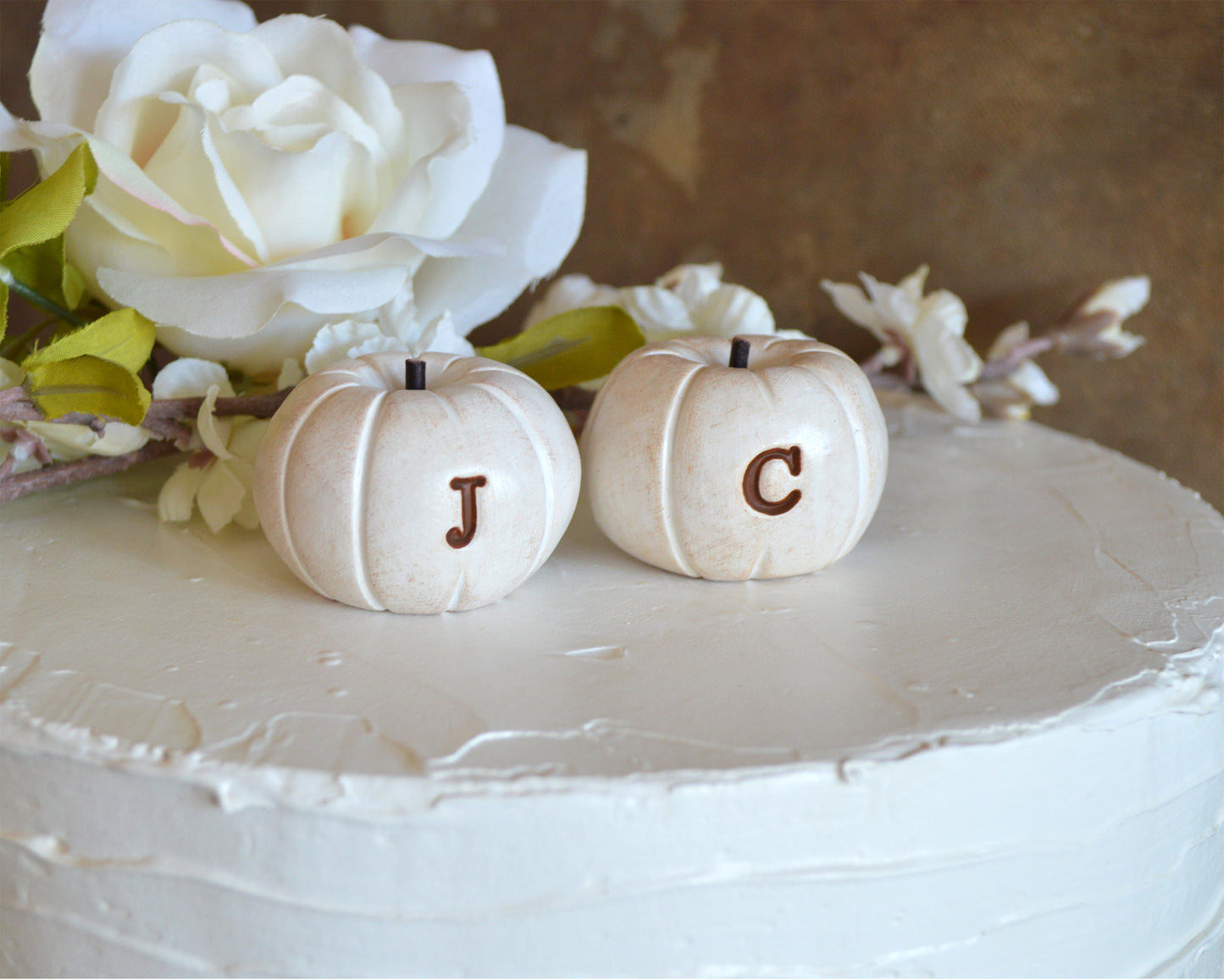 Custom personalized initials wedding cake topper white pumpkins / FREE SHIPPING
