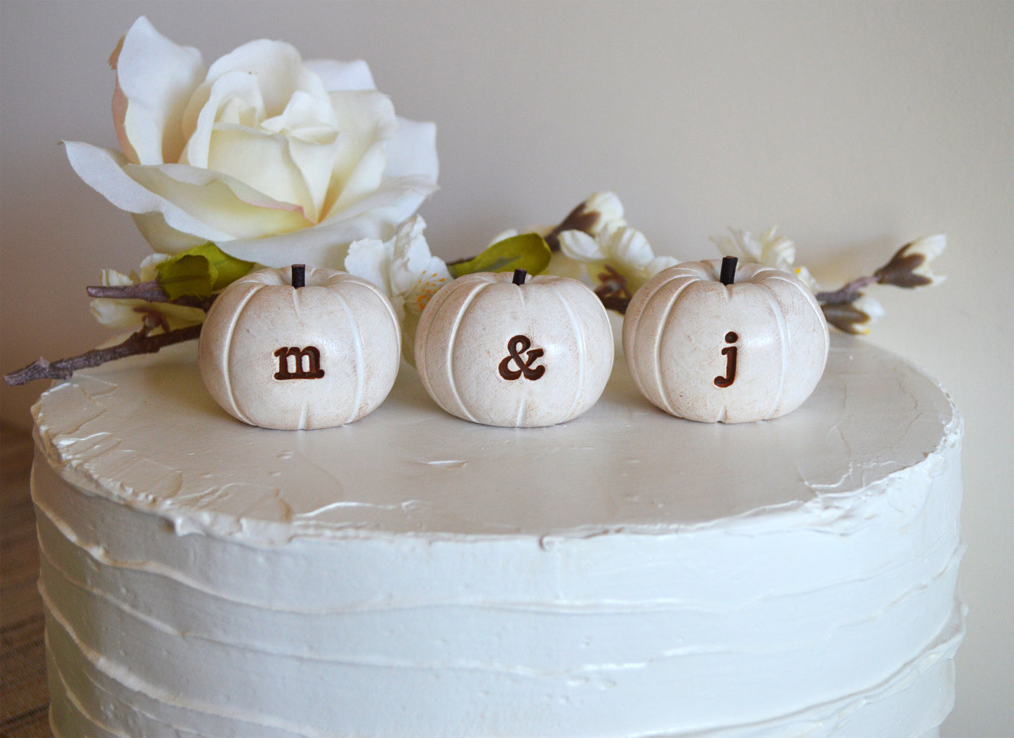 Custom personalized initials wedding cake topper white pumpkins