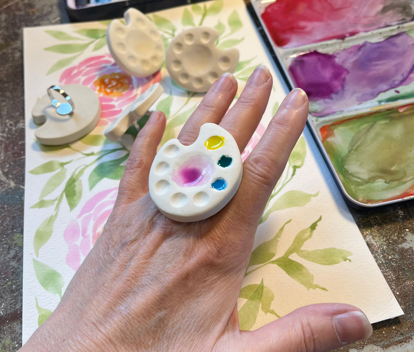 Paint palette watercolor ring / travel art supplies / artist jewelry / whimsical art rings / Art gift / tiny ring palette, gifts for artists
