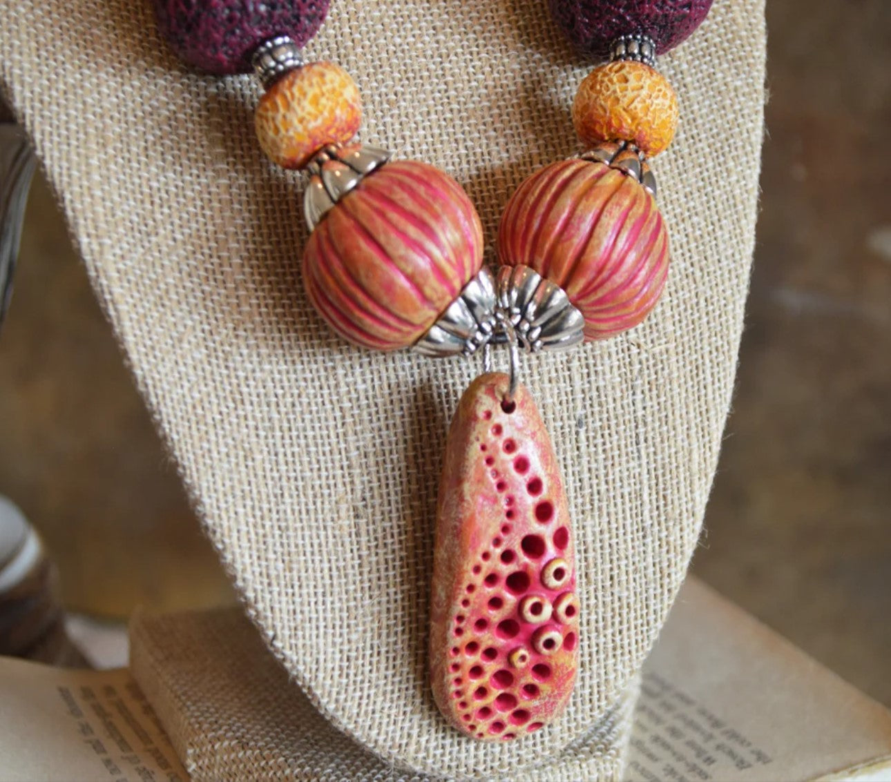 One of a kind statement beaded necklace polymer clay pendant, purple and corals