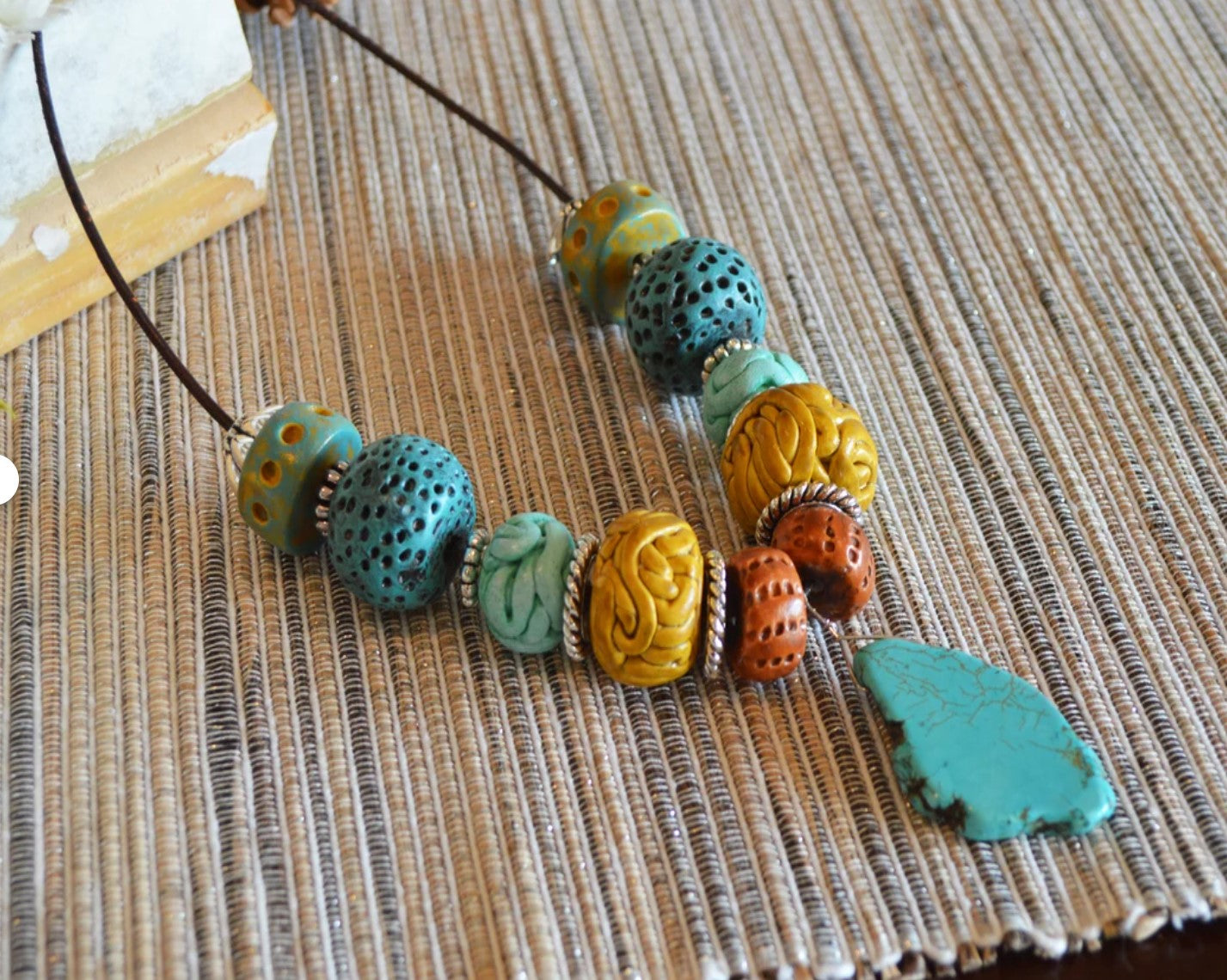 One of a kind statement beaded necklace agate pendant / earthy vintage feel blues