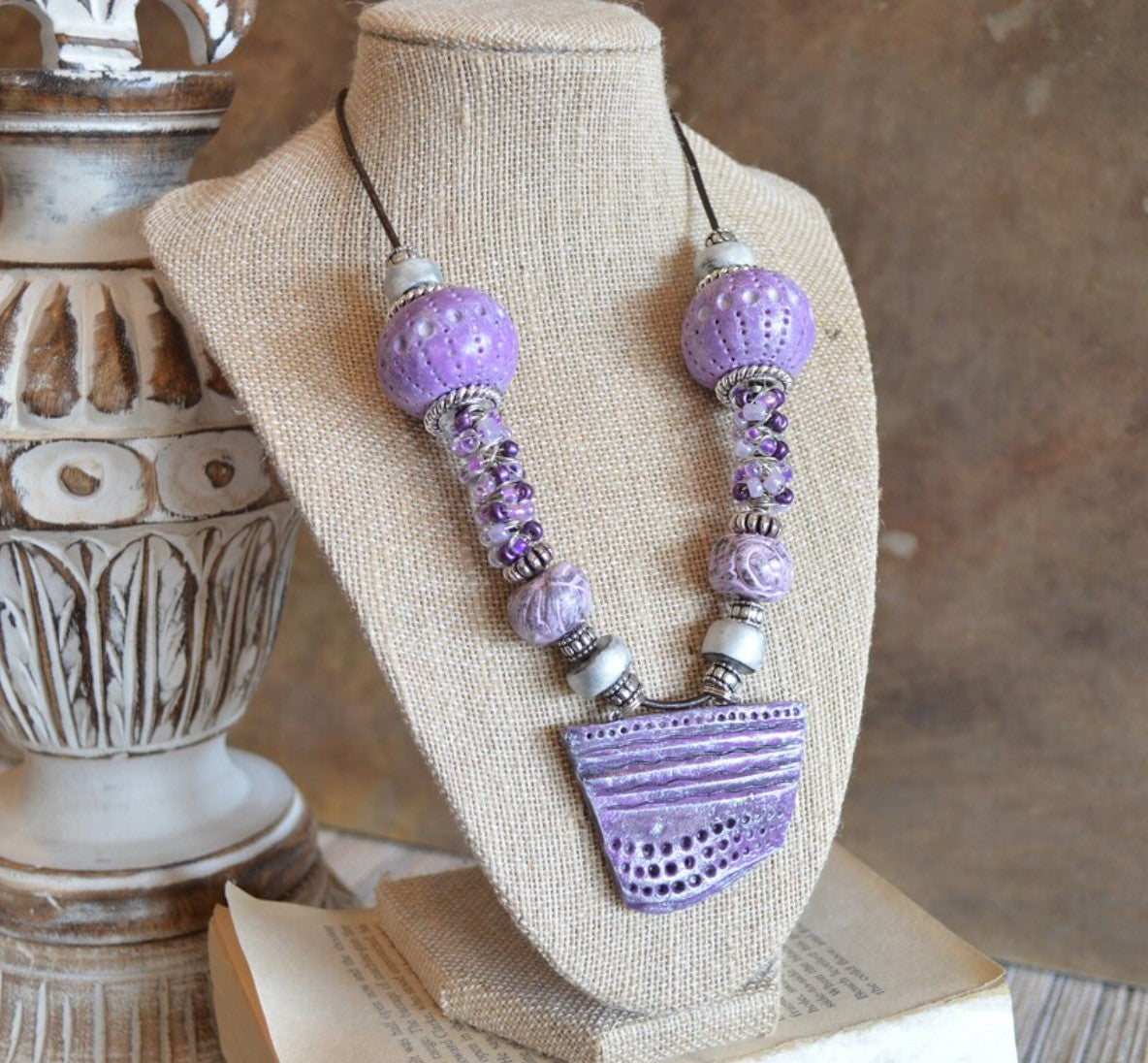 One of a kind statement beaded necklace polymer clay pendant, violet hues