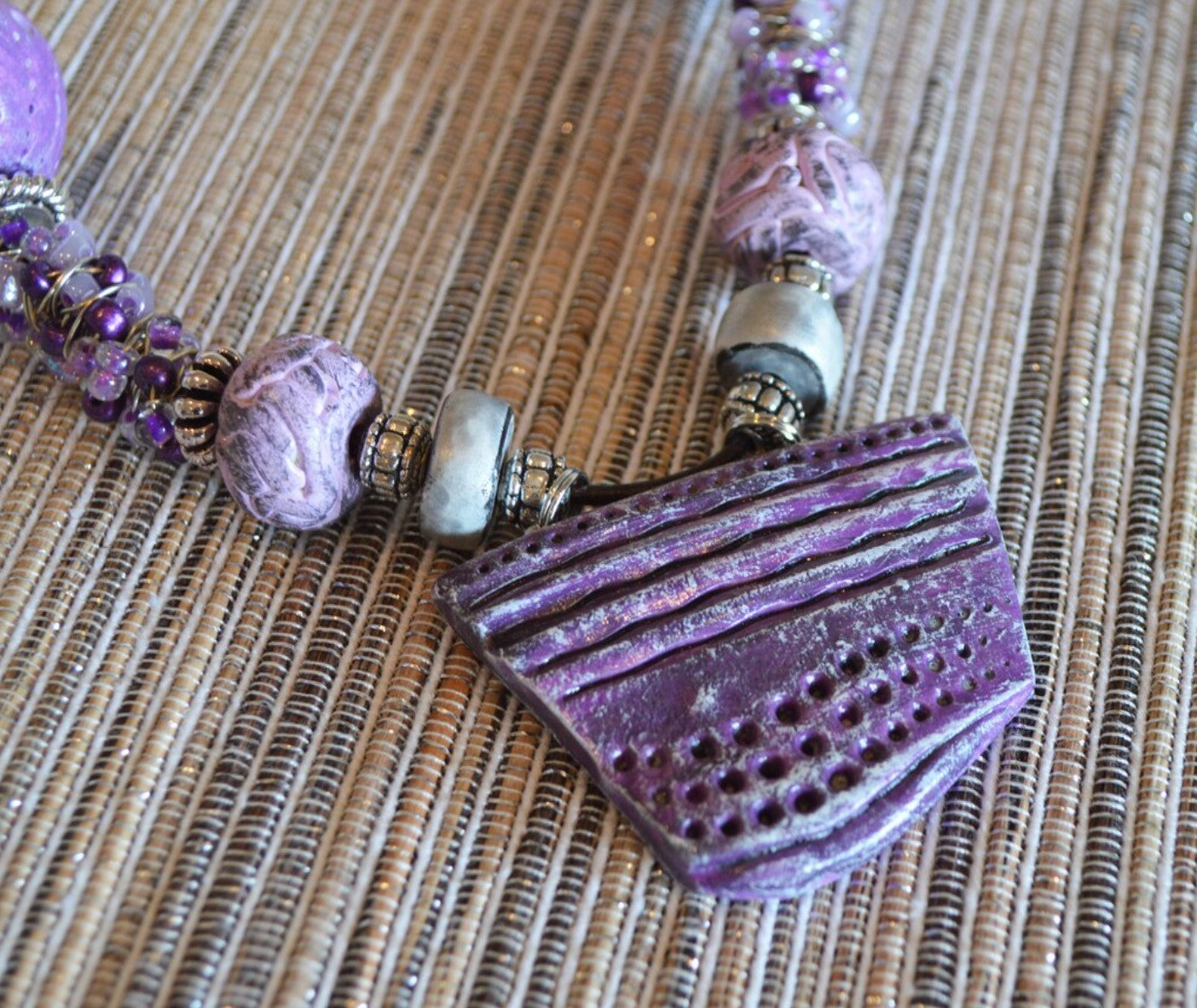 One of a kind statement beaded necklace polymer clay pendant, violet hues
