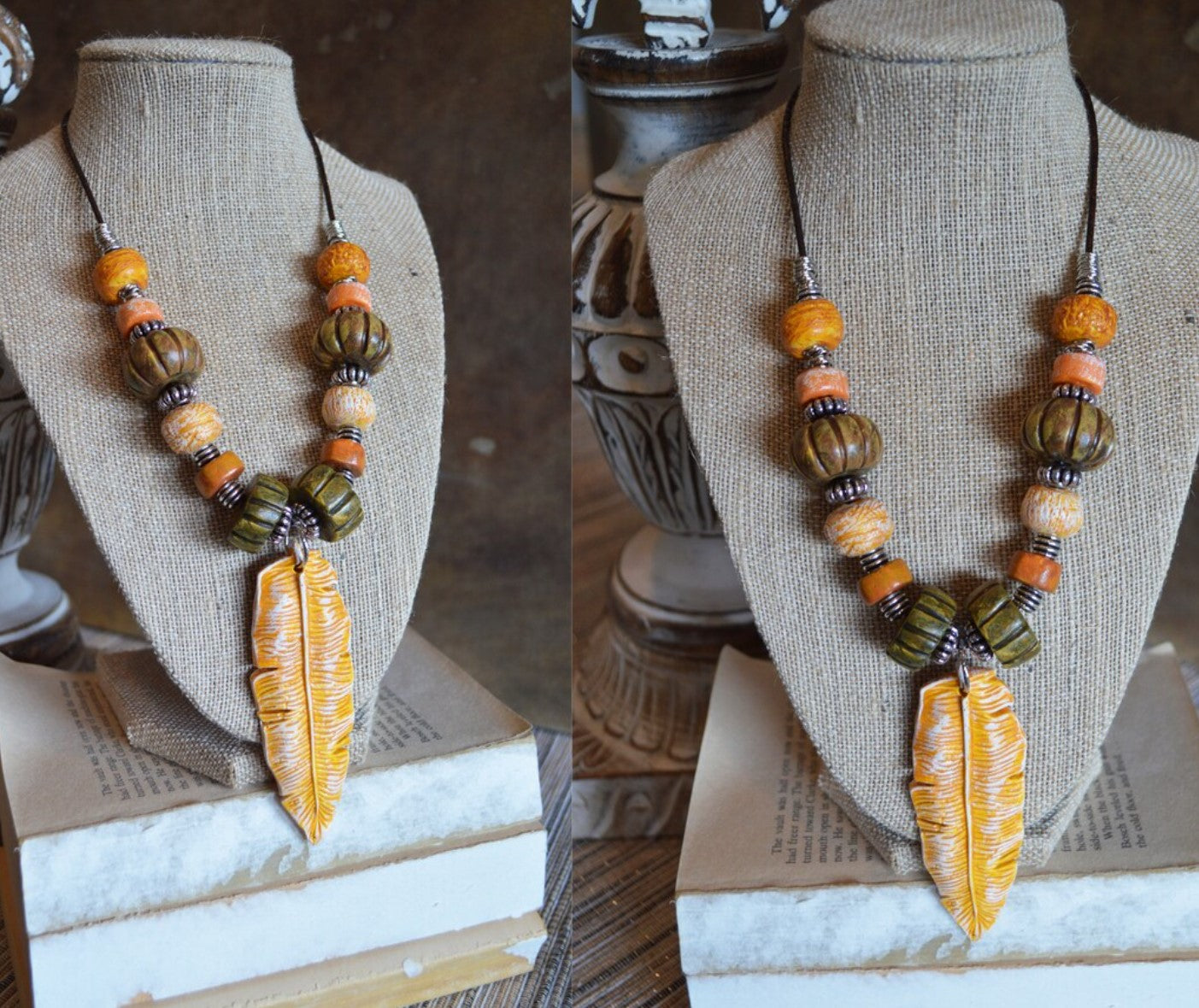 One of a kind statement beads polymer clay pendant necklace / earthy yellow feather
