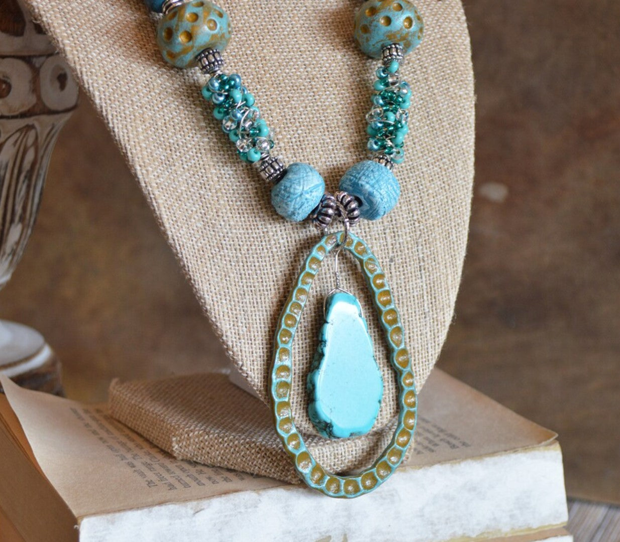 One of a kind statement beads polymer clay pendant necklace / earthy turquoise blues