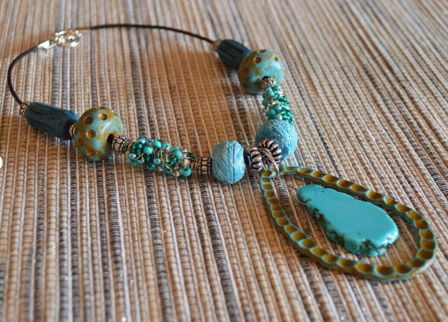 One of a kind statement beads polymer clay pendant necklace / earthy turquoise blues
