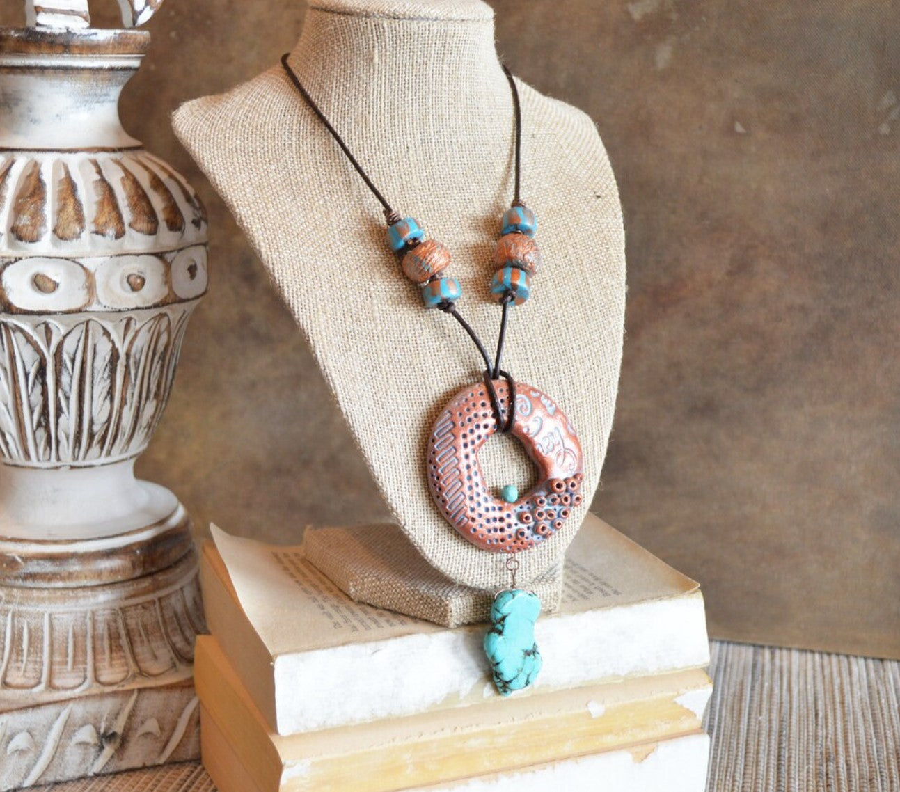 One of a kind statement necklace copper and turquoise polymer clay pendant