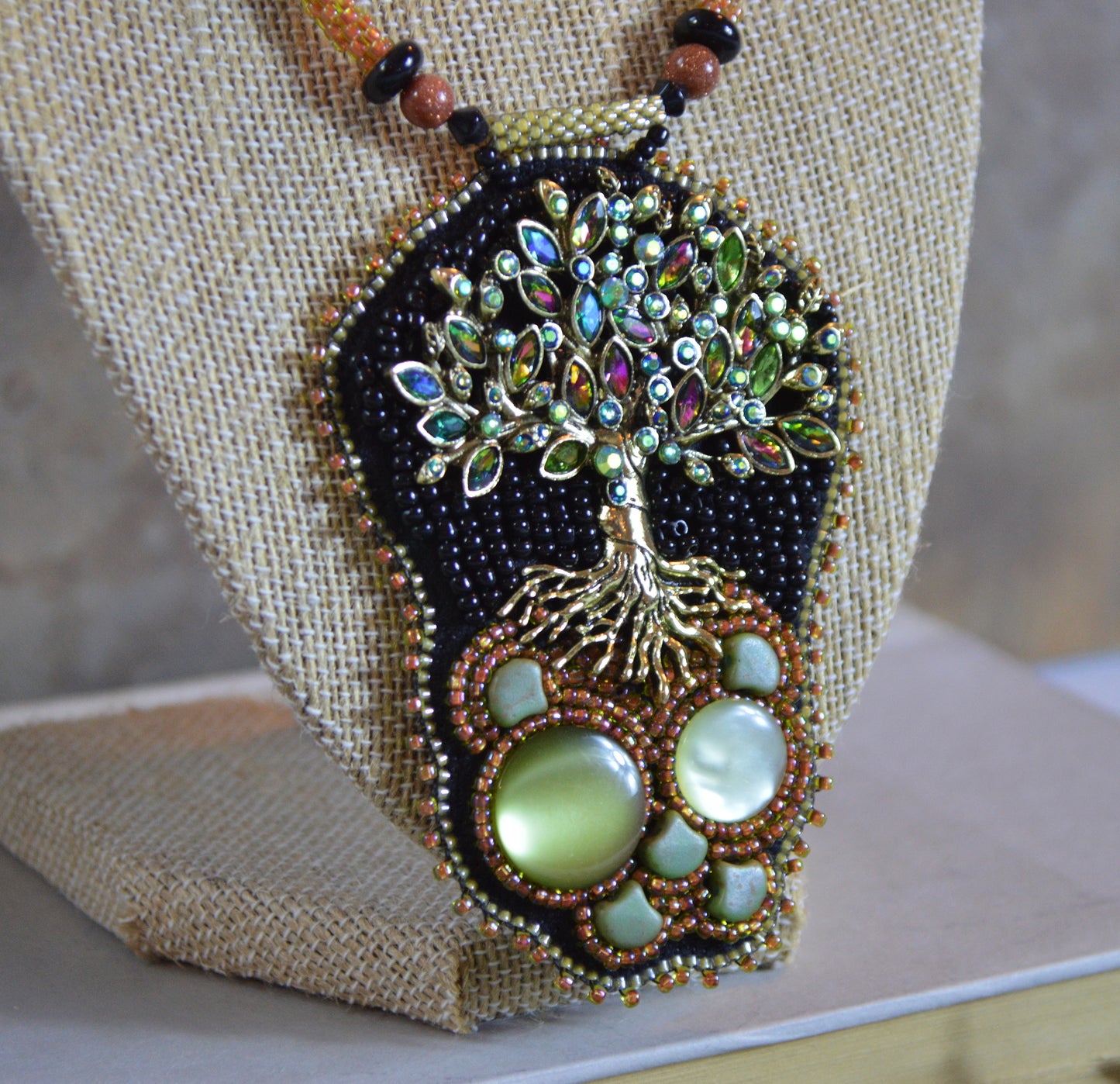 One of a kind huge bead embroidery statement necklace / tree of life