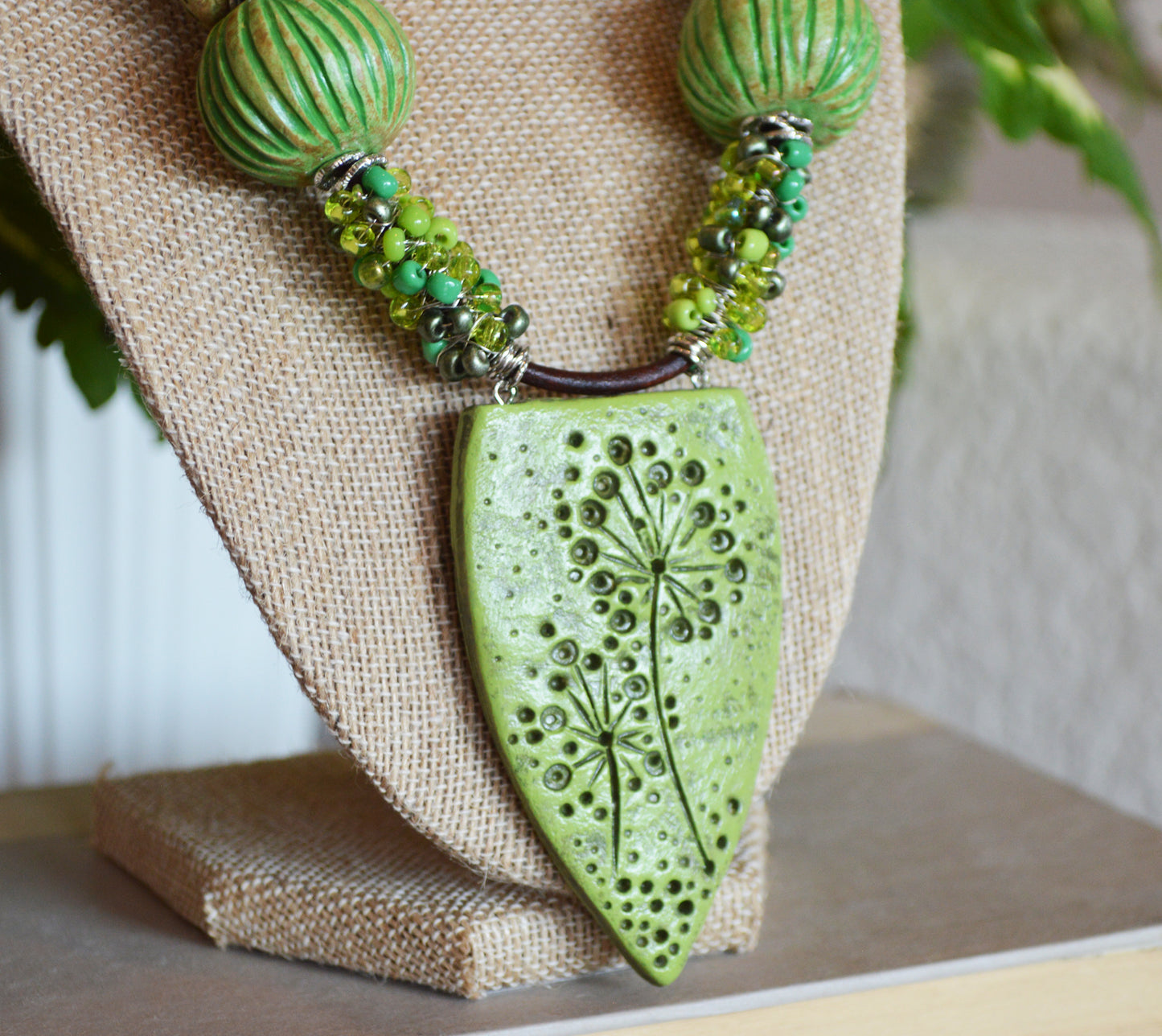 One of a kind statement beaded polymer clay pendant necklace / earthy green tones
