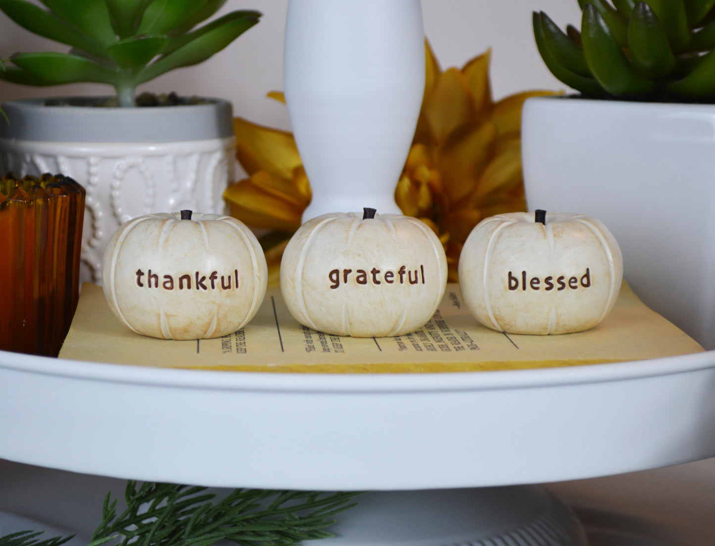 Vintage white thankful grateful blessed pumpkins / tabletop fall gift