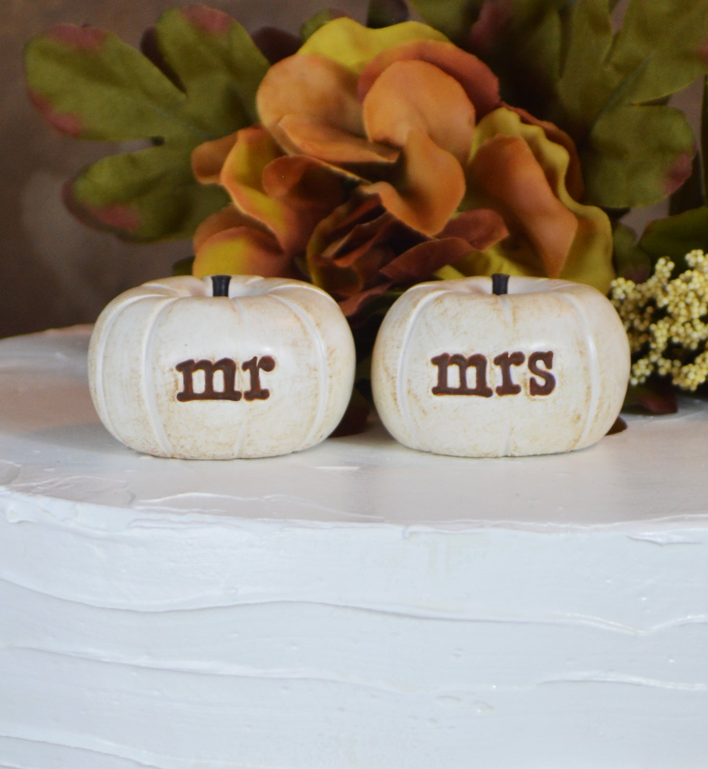 Wedding cake topper...vintage white mr mrs pumpkins...fall and autumn decor / pumpkins for fall weddings / cake table decor