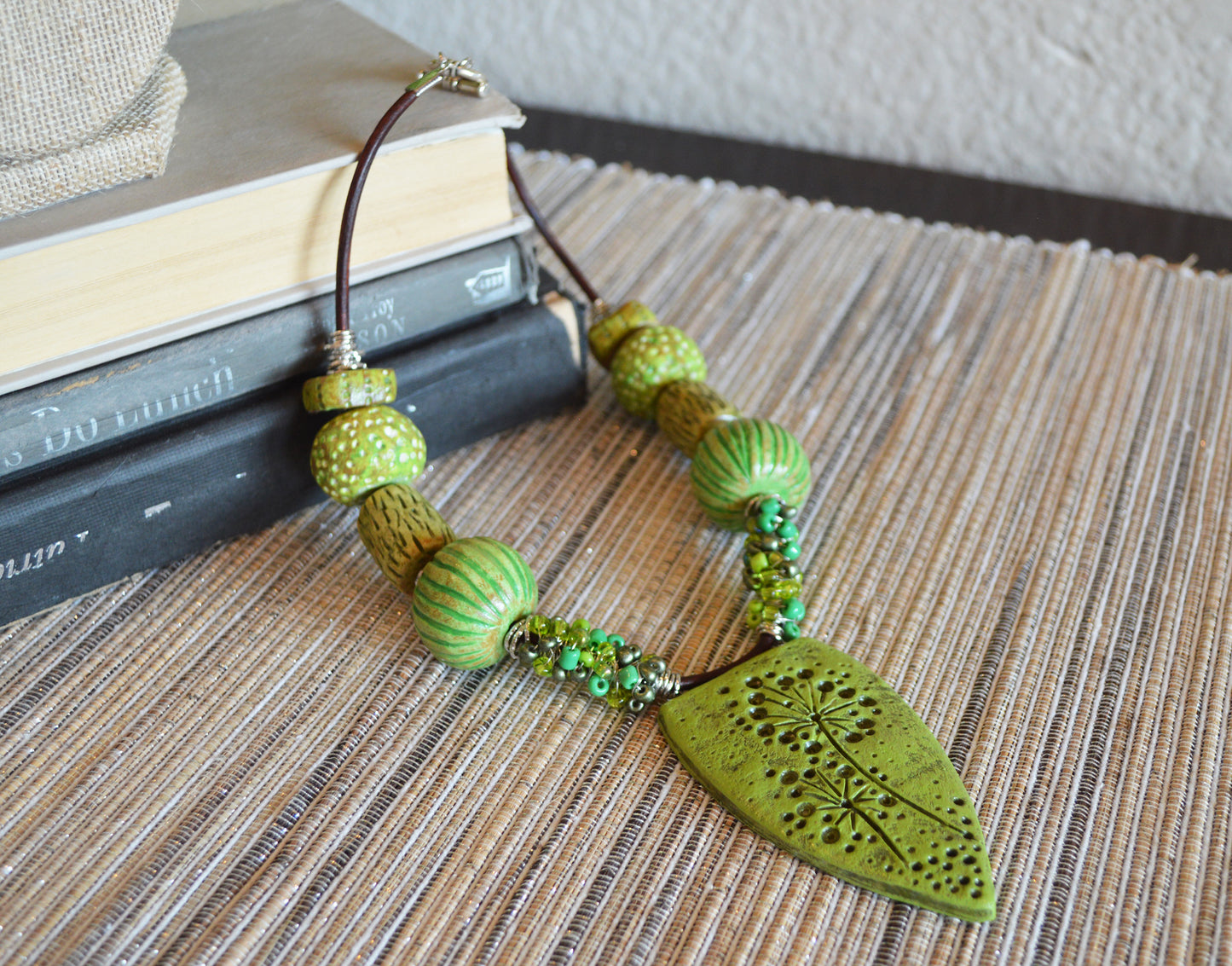One of a kind statement beaded polymer clay pendant necklace / earthy green tones