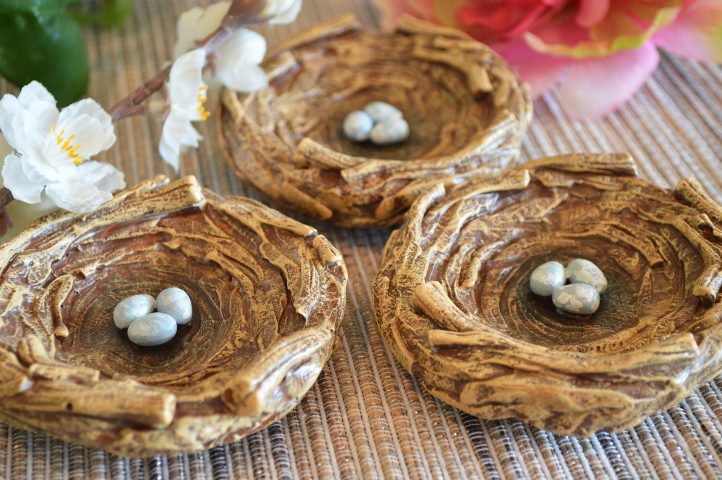 Bird nest dish, clay nest with blue eggs robin nest trinket mini dish plate bowl, unique Spring Summer gift Easter tiered tray decor