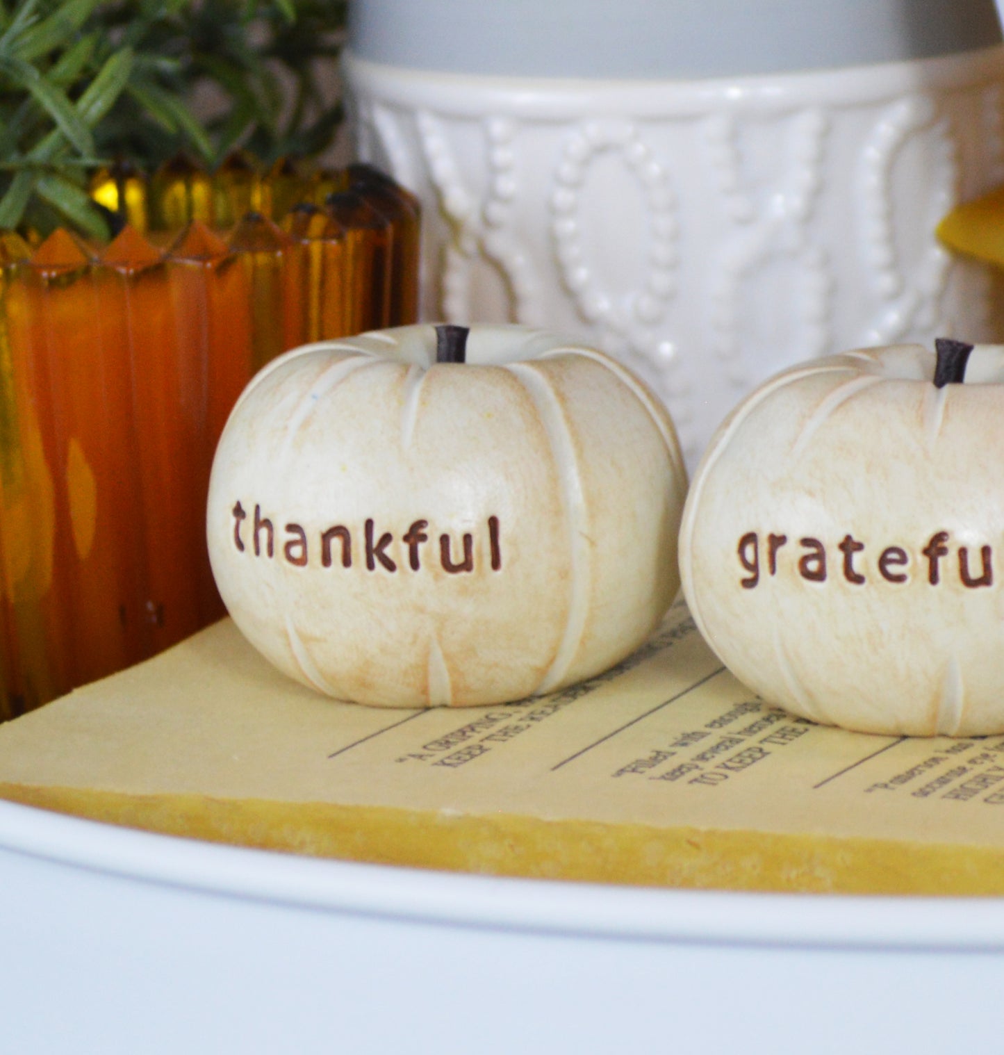 Vintage white thankful grateful blessed pumpkins / tabletop fall gift / FREE SHIPPING