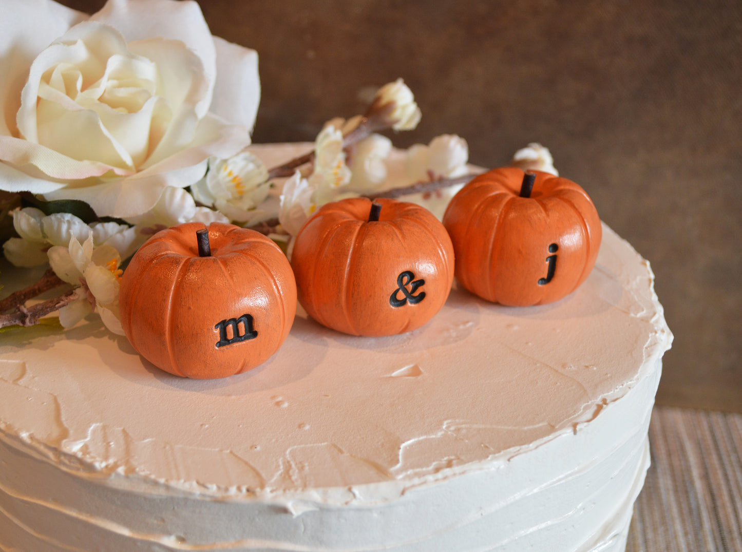 Custom personalized initials wedding cake topper orange pumpkins
