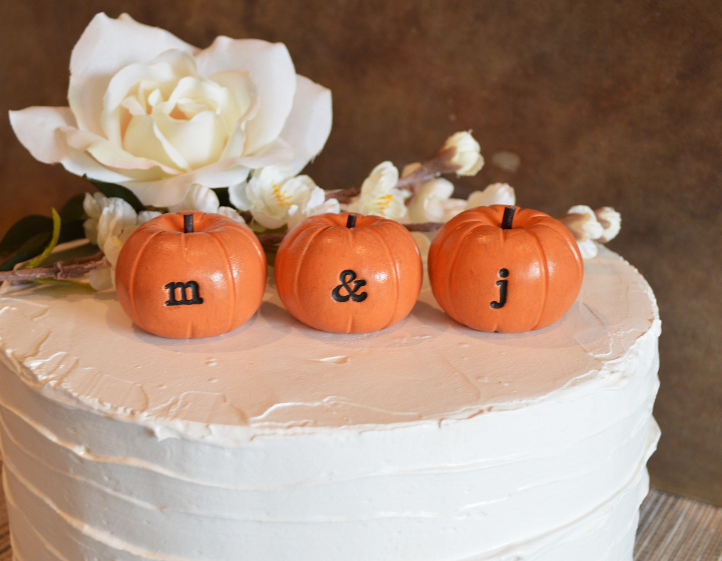 Custom personalized initials wedding cake topper orange pumpkins