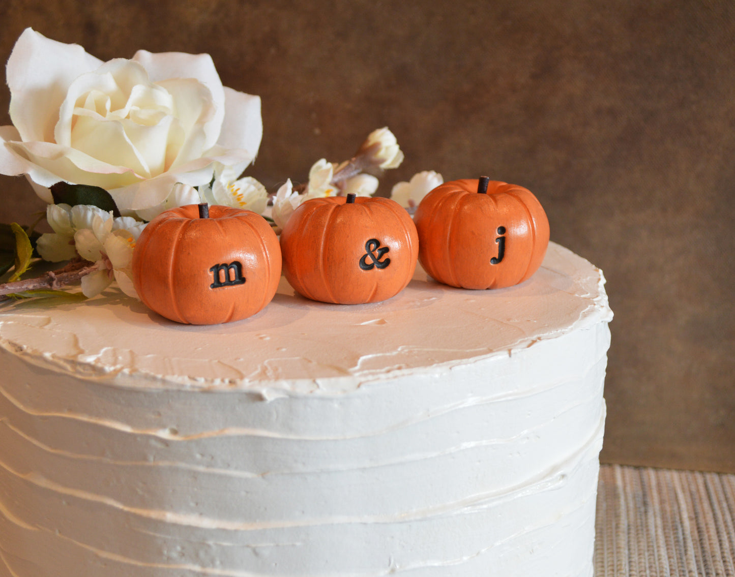 Custom personalized initials wedding cake topper orange pumpkins / FREE SHIPPING