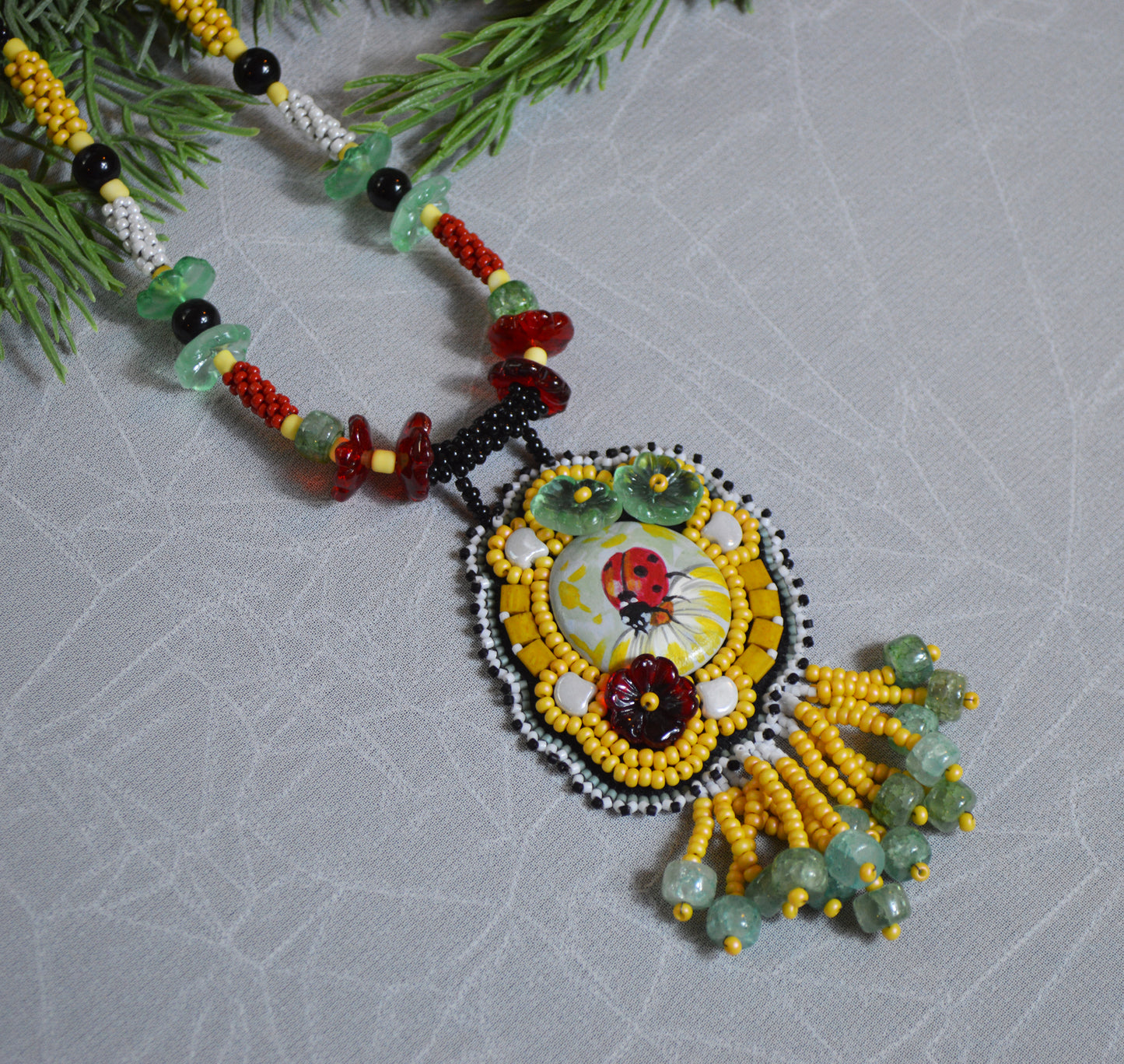 One of a kind huge bead embroidery statement necklace, insect ladybug jewelry