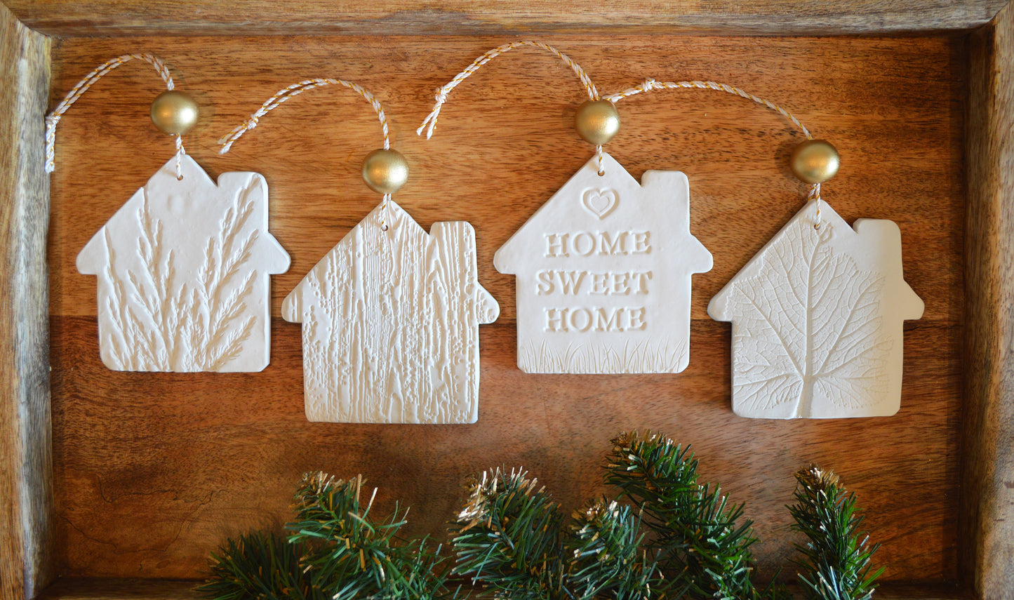 4 pure white house shaped ornaments