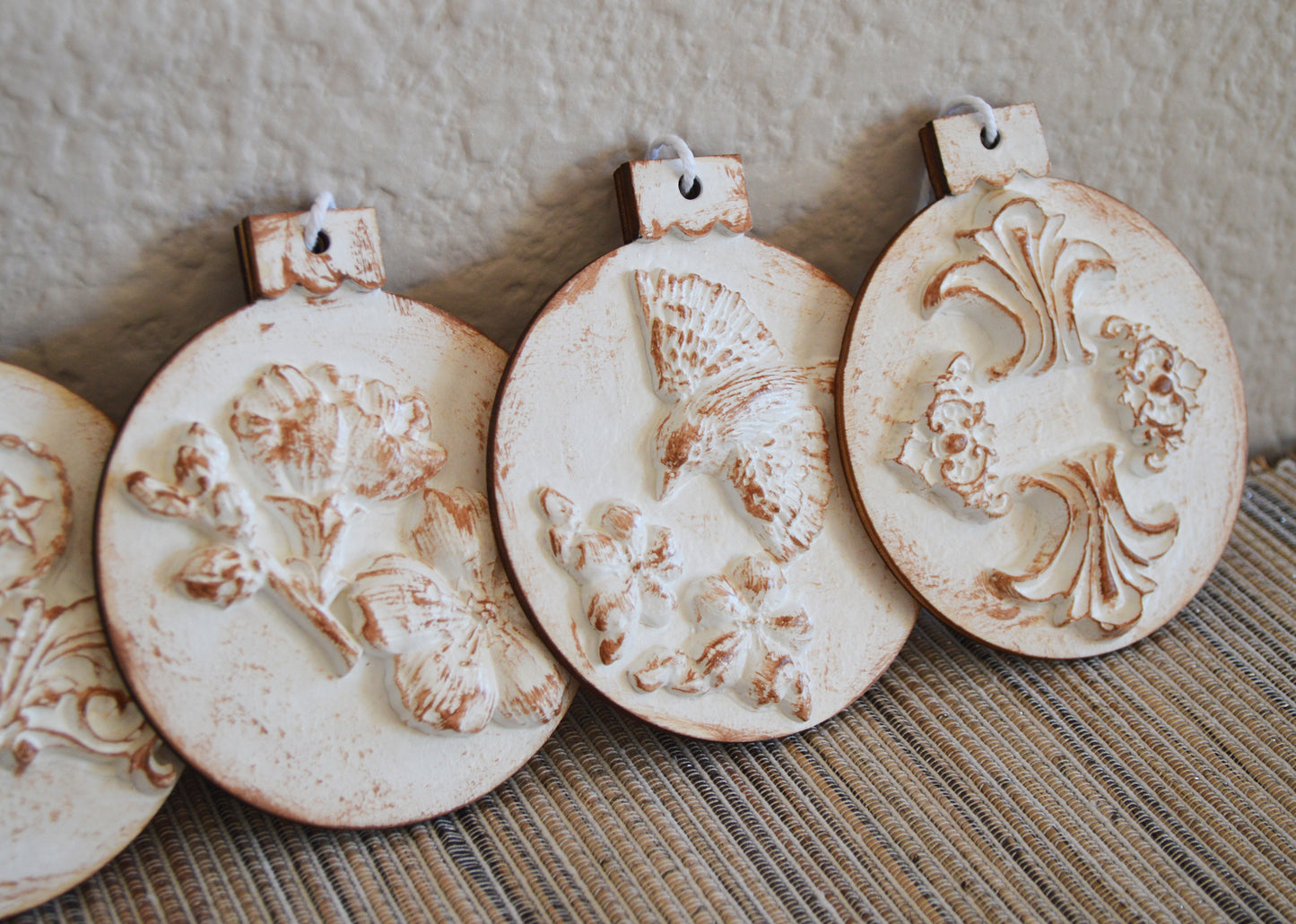 6 French Regency Victorian highly textured shabby chic Christmas tree ornaments