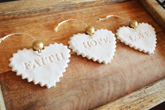 3 pure white "faith hope love" ornaments