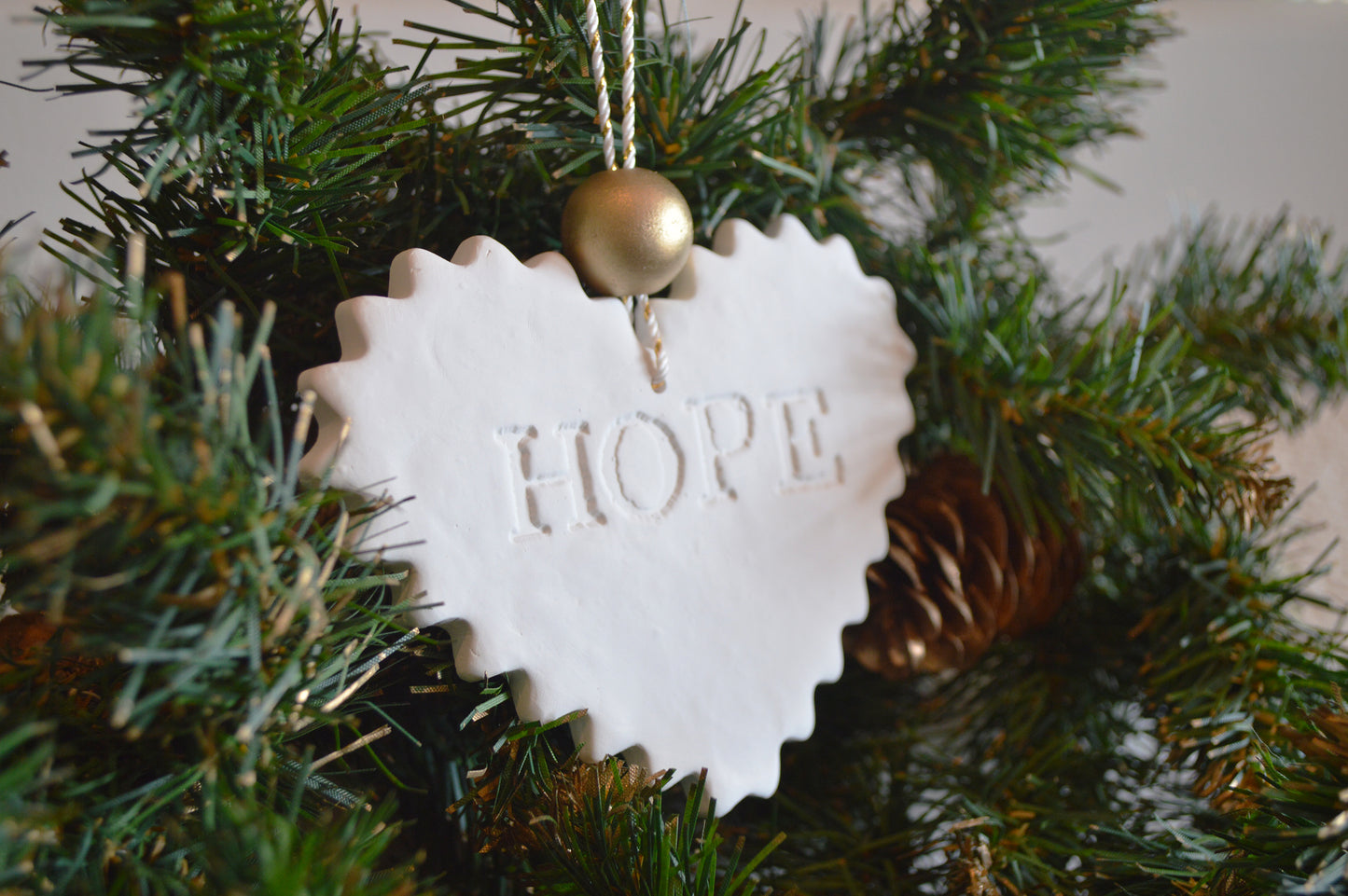 3 pure white "faith hope love" ornaments