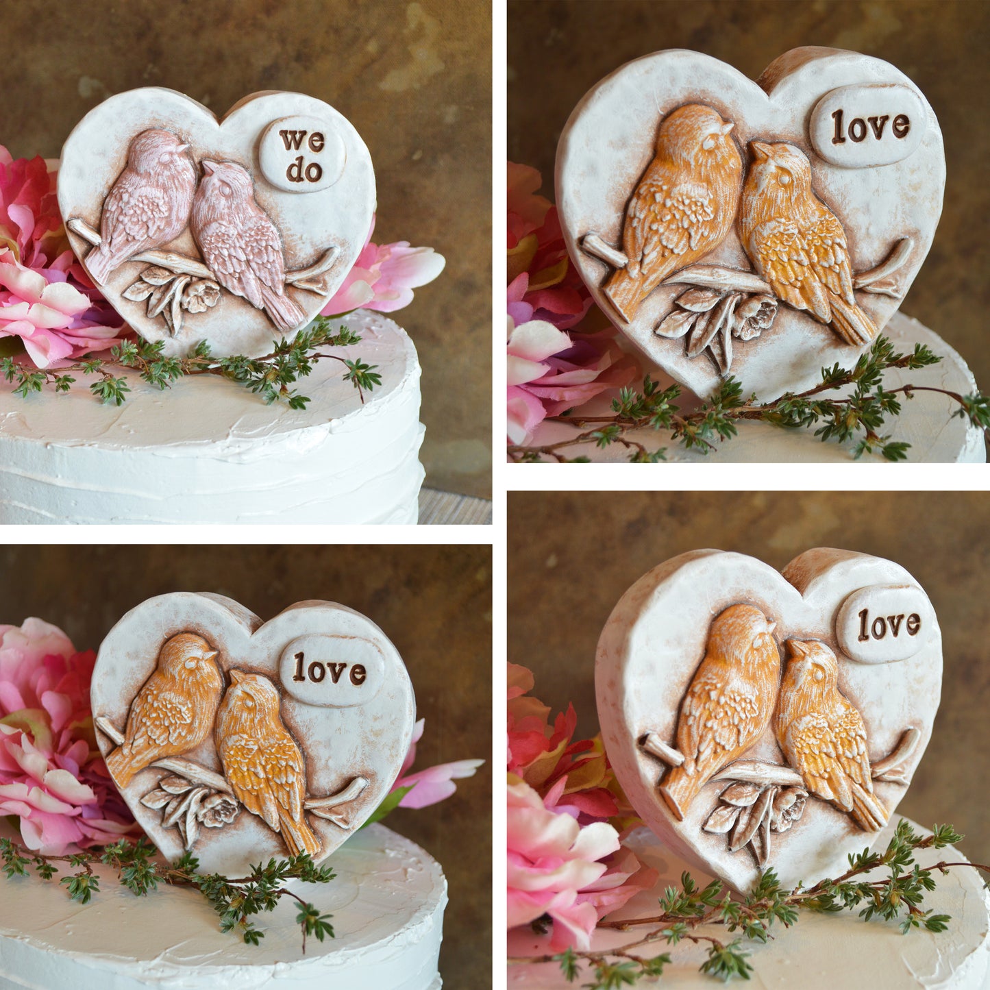 Lovebirds snuggling in a heart wedding cake topper / personalized with your initials and colors / great custom bespoke anniversary gift