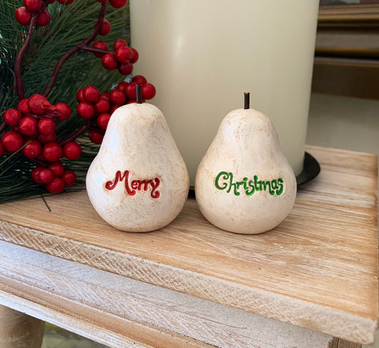 2 vintage style white Merry Christmas pears