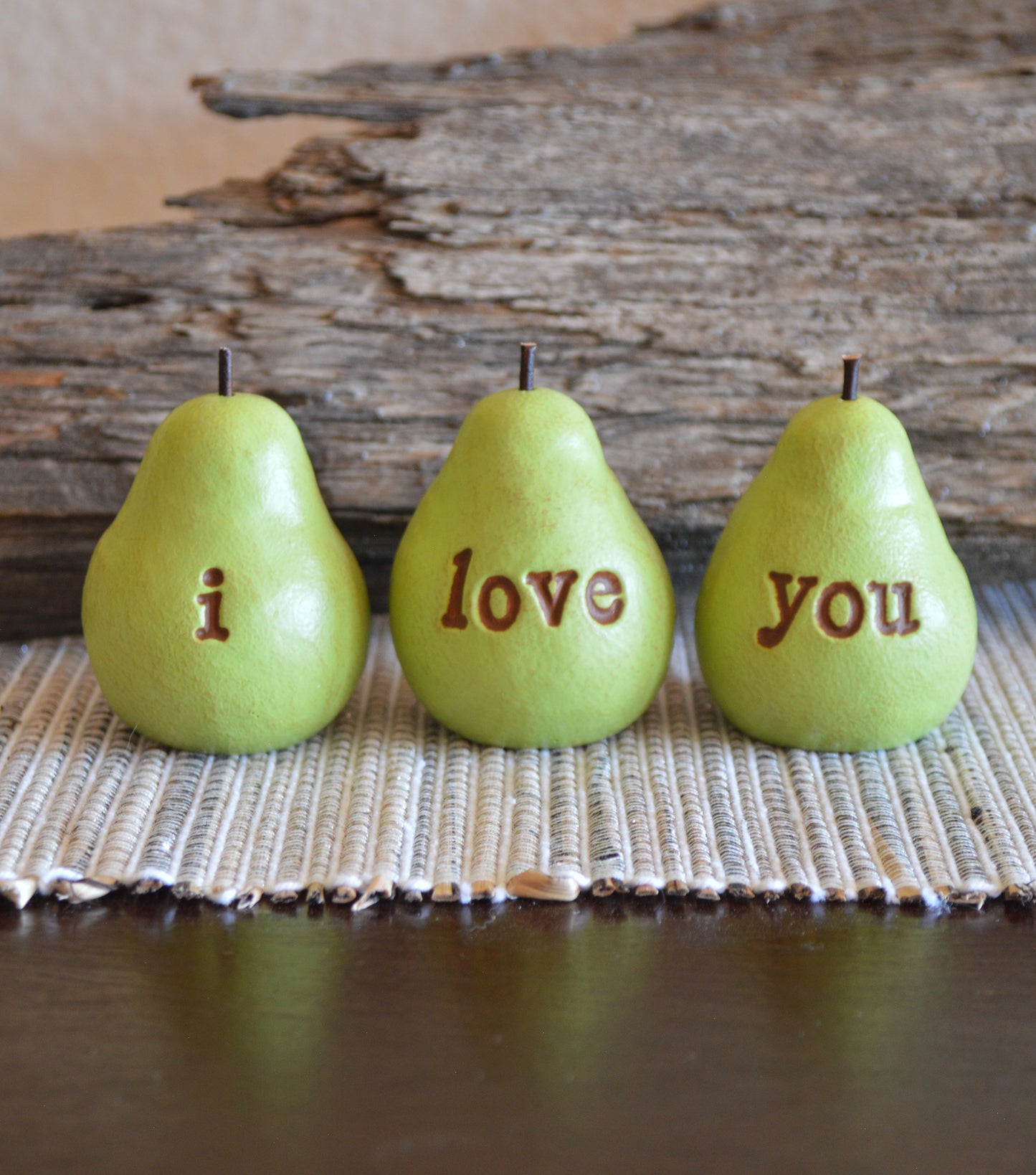 Set of 3 rustic green i love you pears