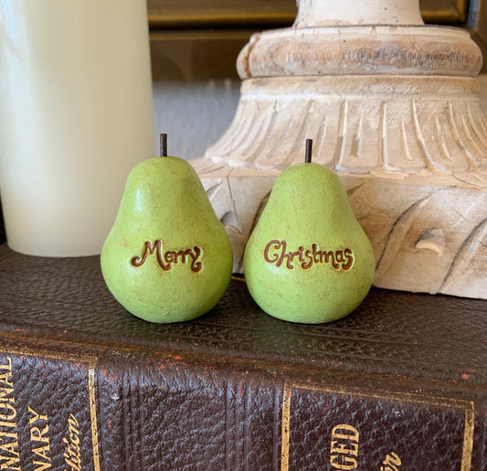 2 vintage style green Merry Christmas pears