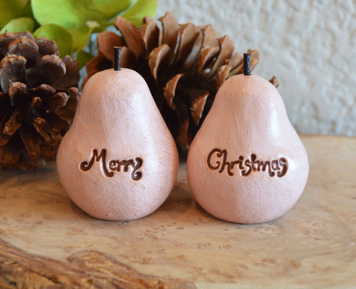 2 vintage style pink Merry Christmas pears